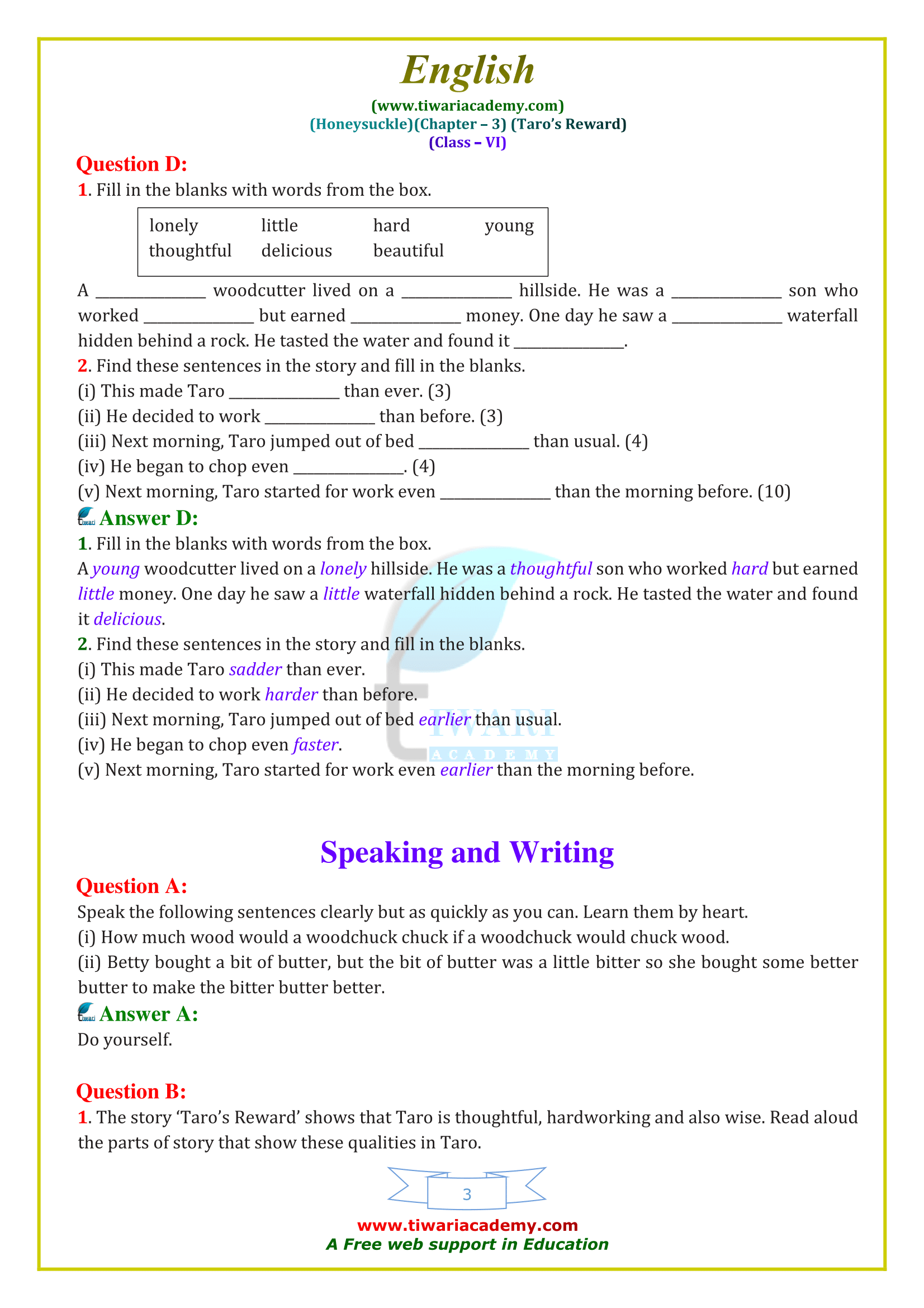 NCERT Solutions for Class 6 English Honeysuckle Chapter 3 with poem answers