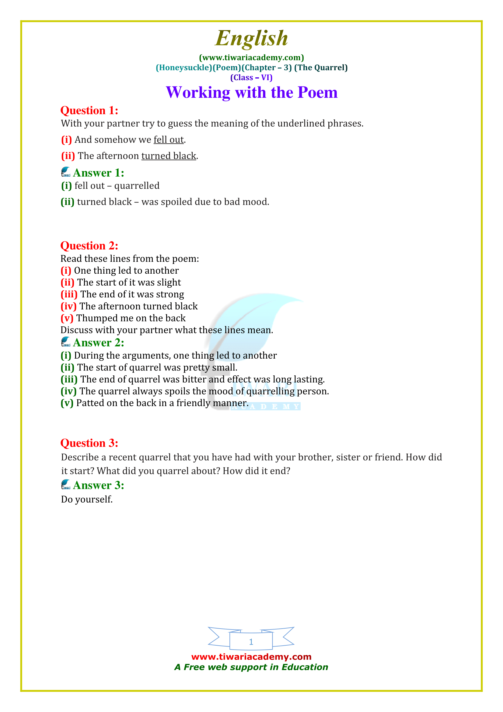 NCERT Solutions for Class 6 English Honeysuckle Poem 3 The Quarrel