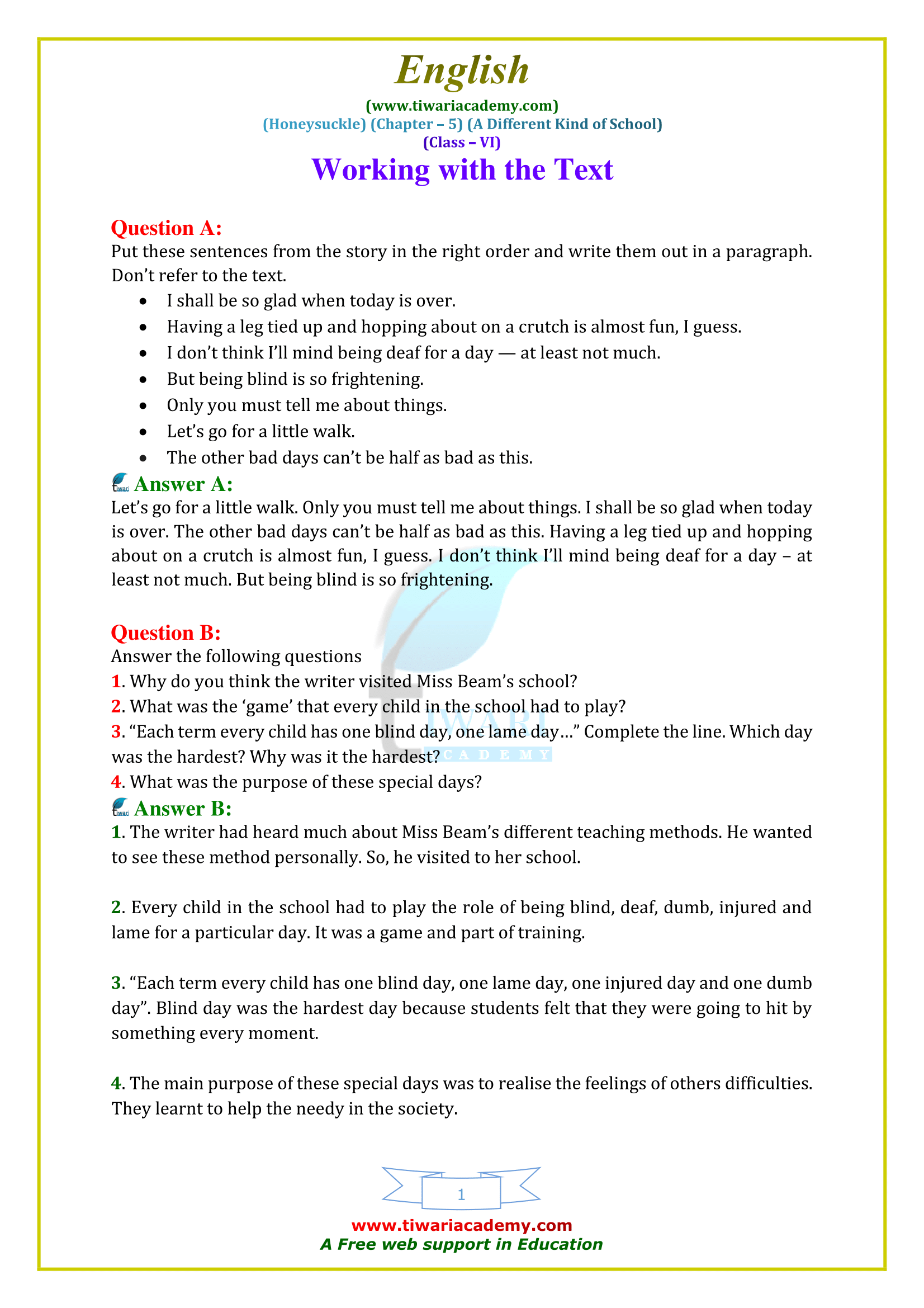NCERT Solutions for Class 6 English Honeysuckle Chapter 5 A Different Kind of School