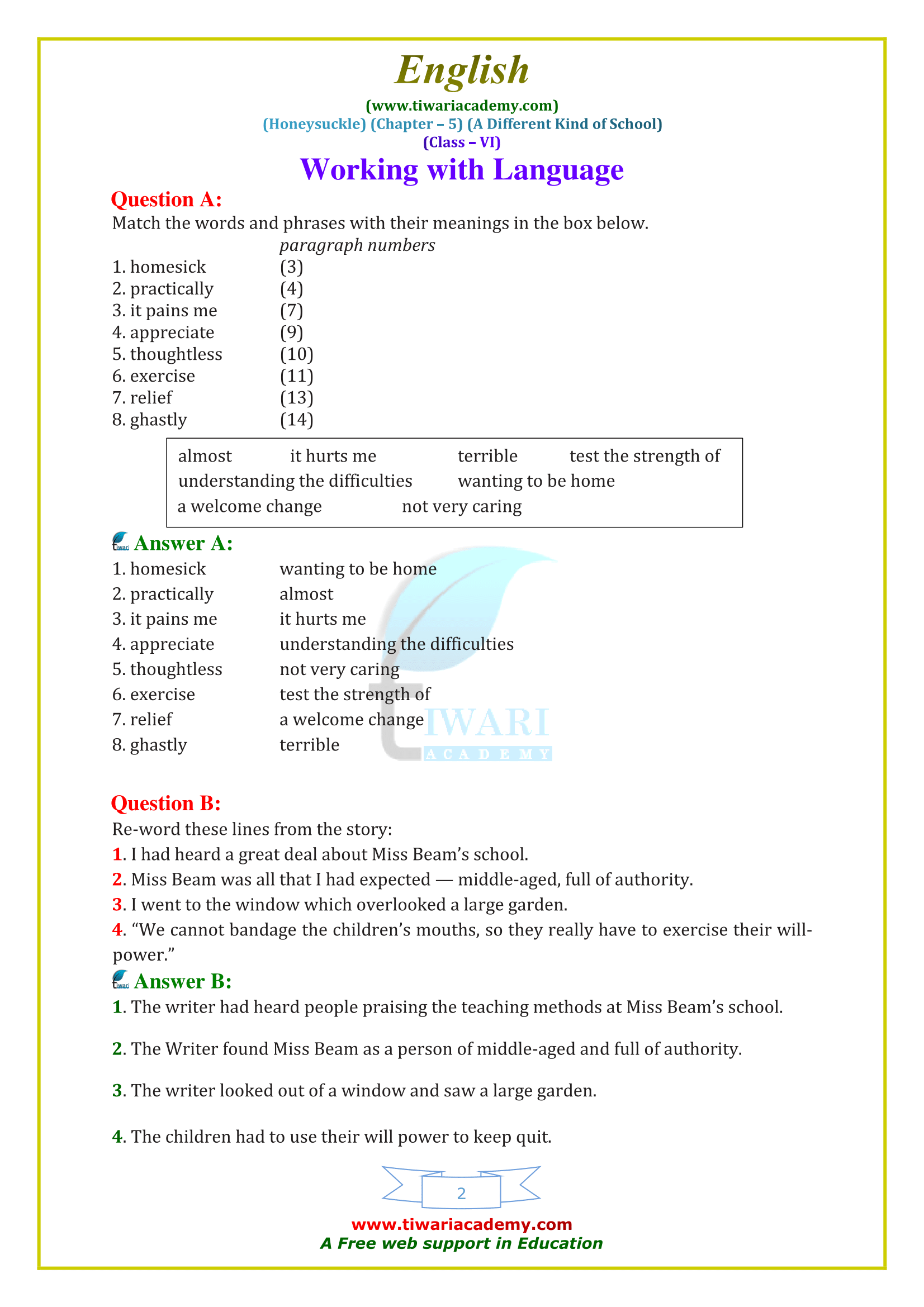 NCERT Solutions for Class 6 English Honeysuckle Chapter 5 in PDF form