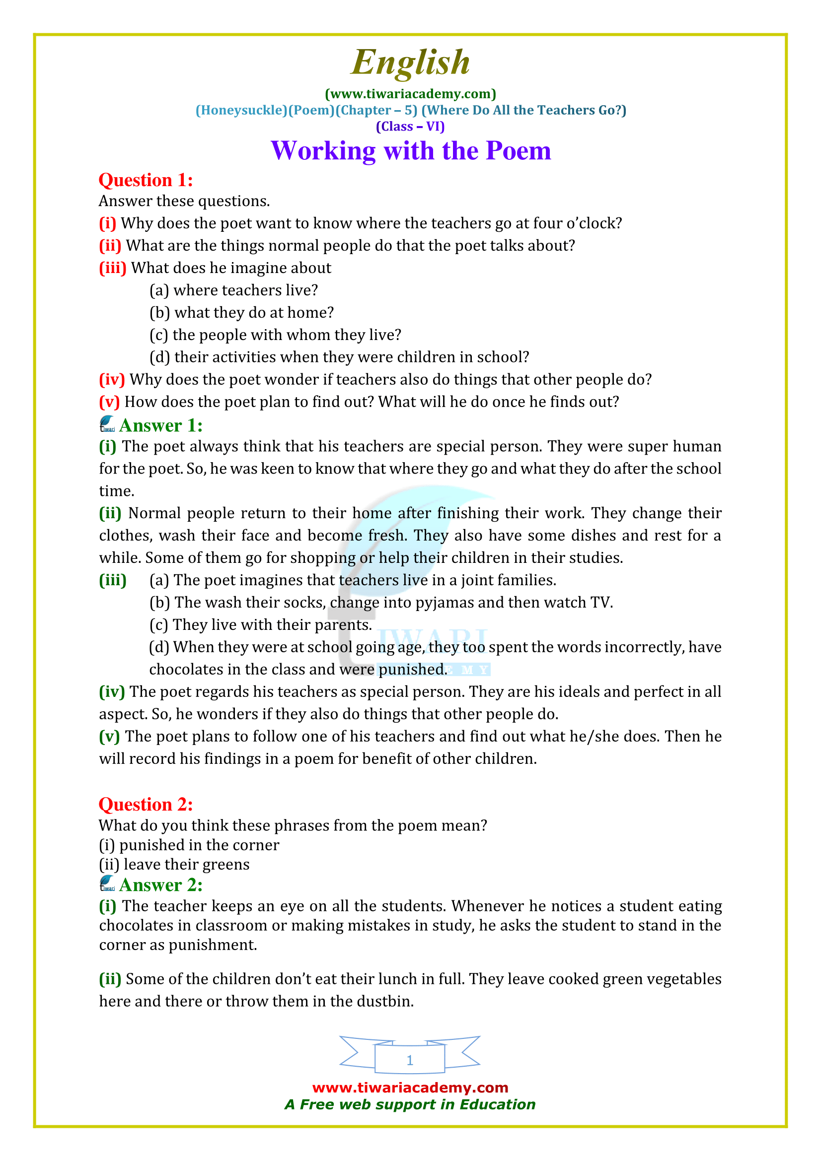 NCERT Solutions for Class 6 English Honeysuckle Poem 5 Where Do All the Teachers Go?