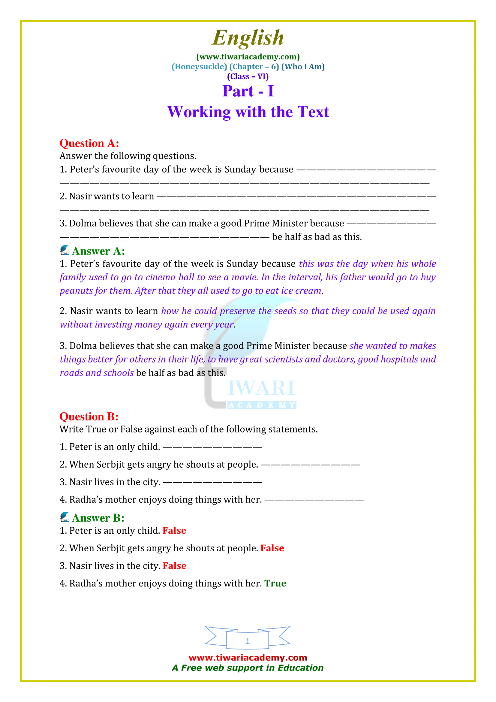 NCERT Solutions for Class 6 English Honeysuckle Chapter 6 Who I Am