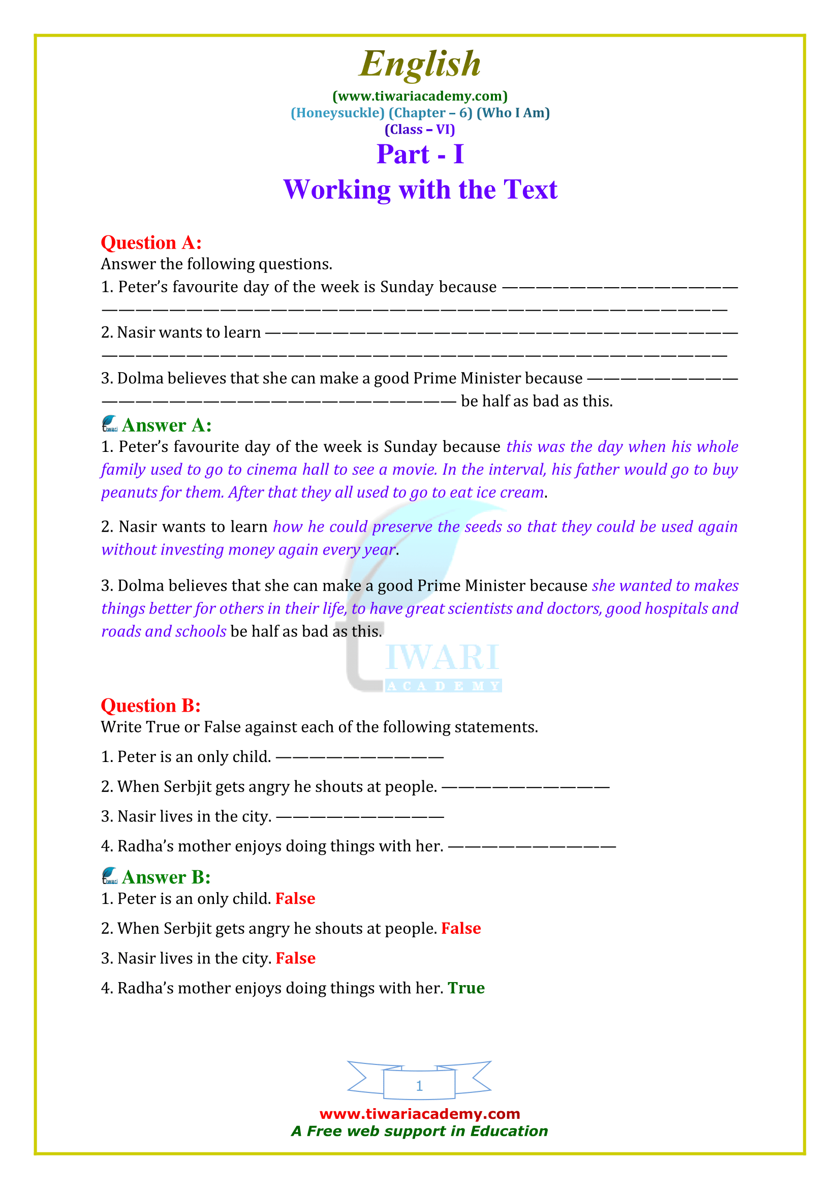 NCERT Solutions for Class 6 English Honeysuckle Chapter 6 in PDF form