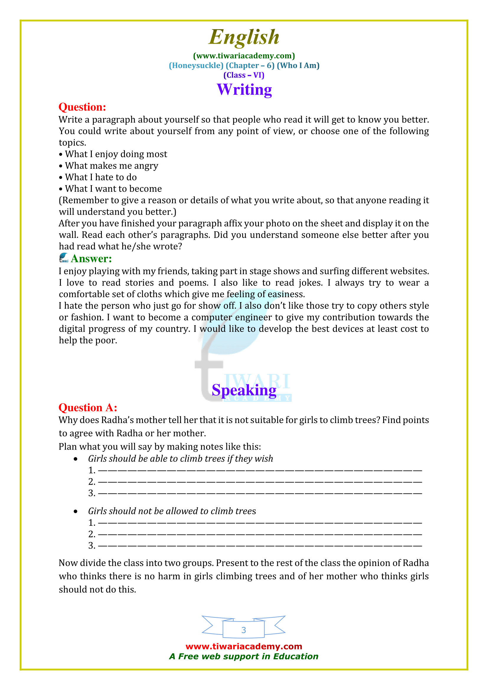 NCERT Solutions for Class 6 English Honeysuckle Chapter 6 for 2019-20.