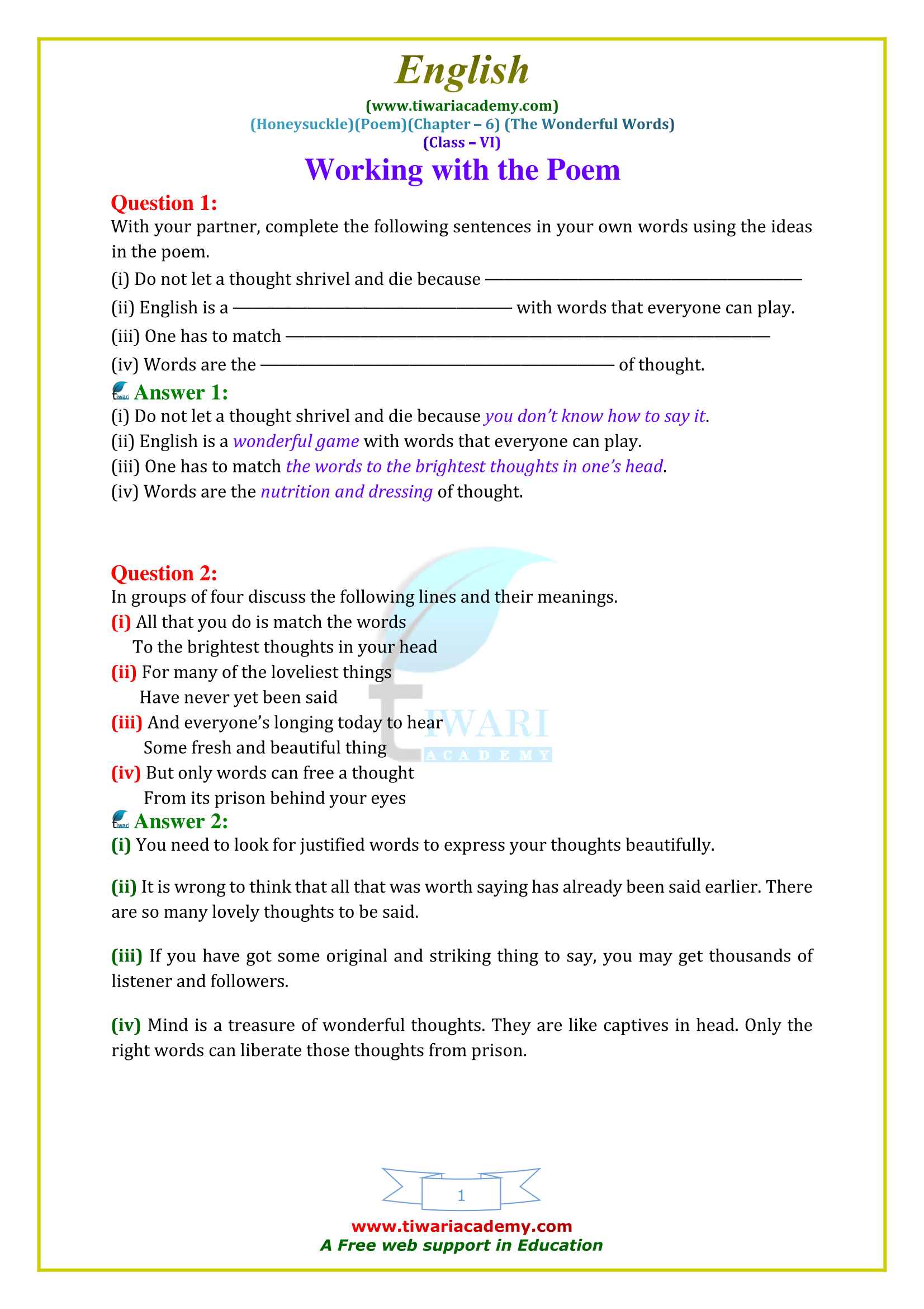 NCERT Solutions for Class 6 English Honeysuckle Poem 6 The Wonderful Words