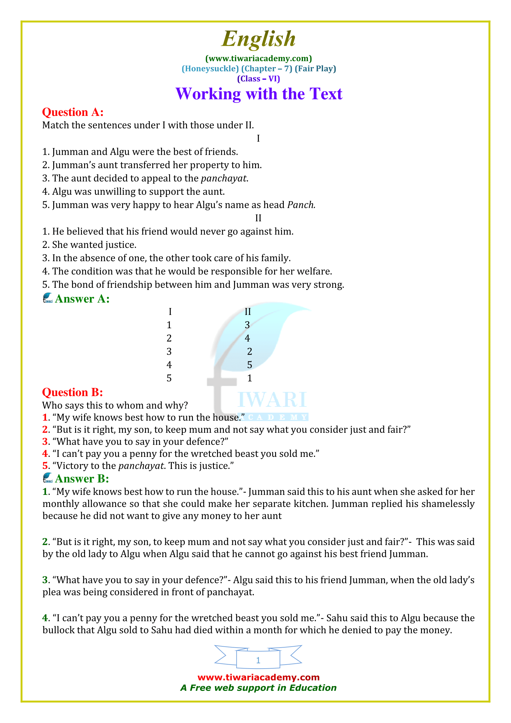 NCERT Solutions for Class 6 English Honeysuckle Chapter 7 Fair Play