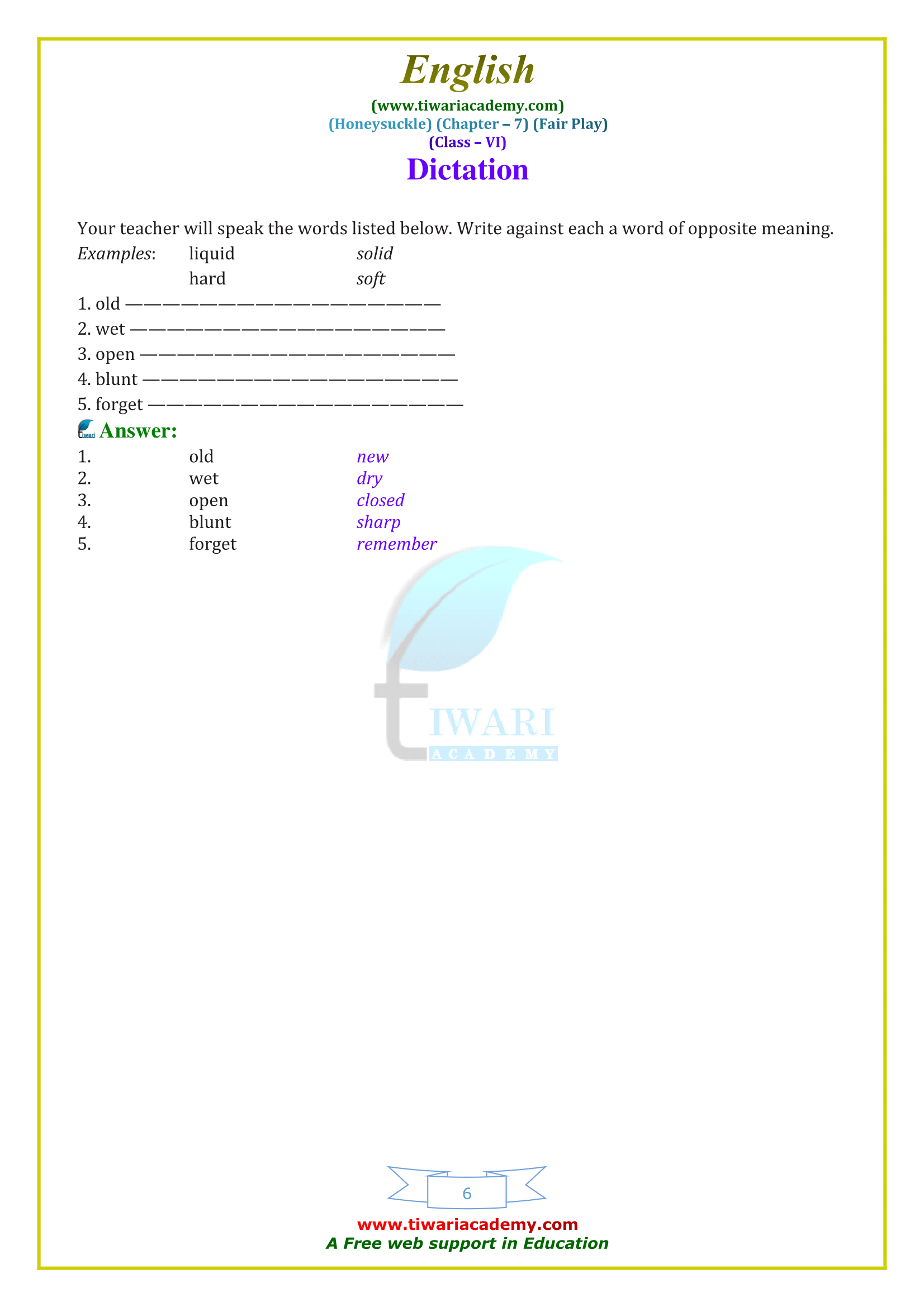 NCERT Solutions for Class 6 English Honeysuckle Chapter 7 Fair Play in PDF