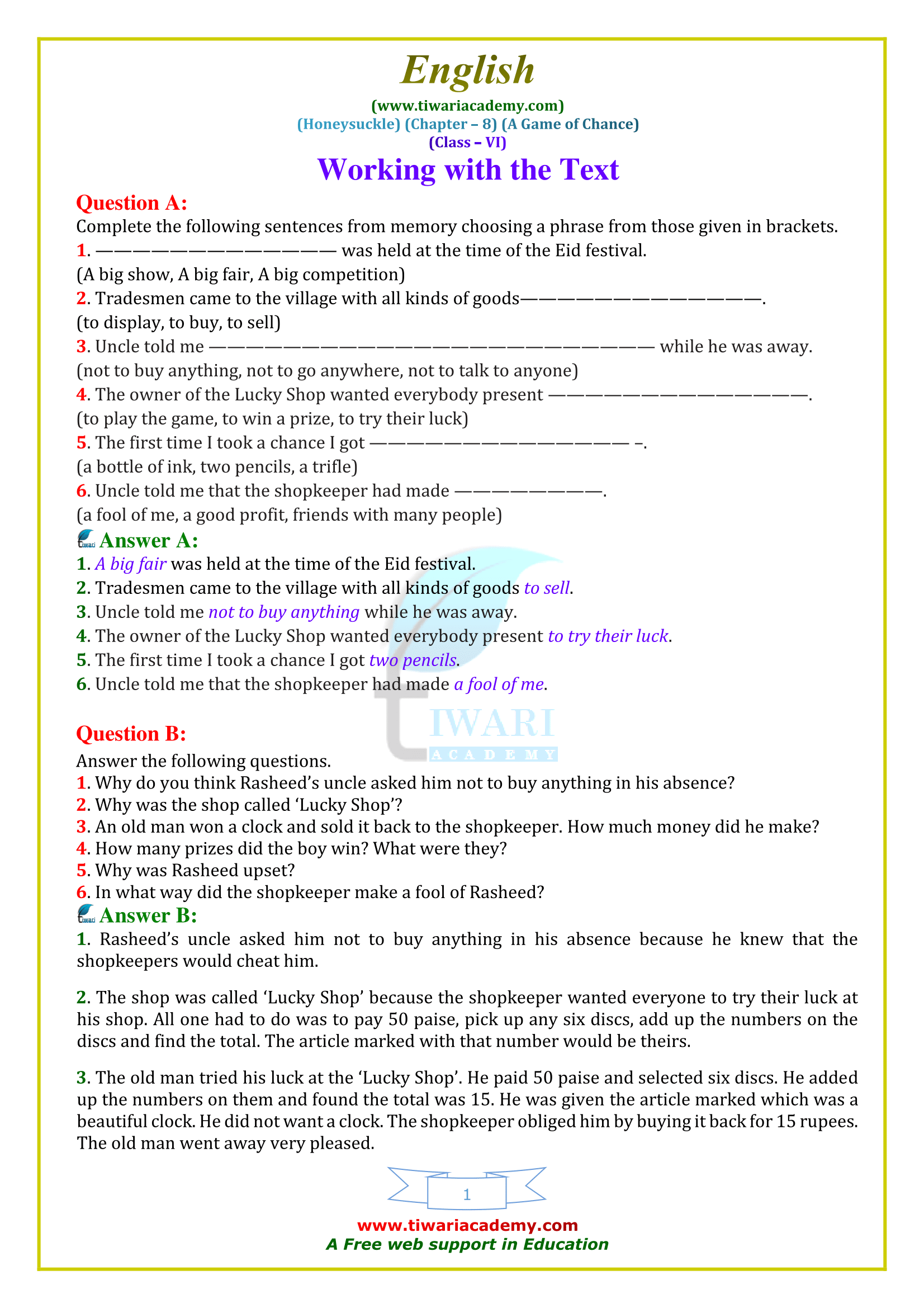 NCERT Solutions for Class 6 English Honeysuckle Chapter 8 A Game of Chance
