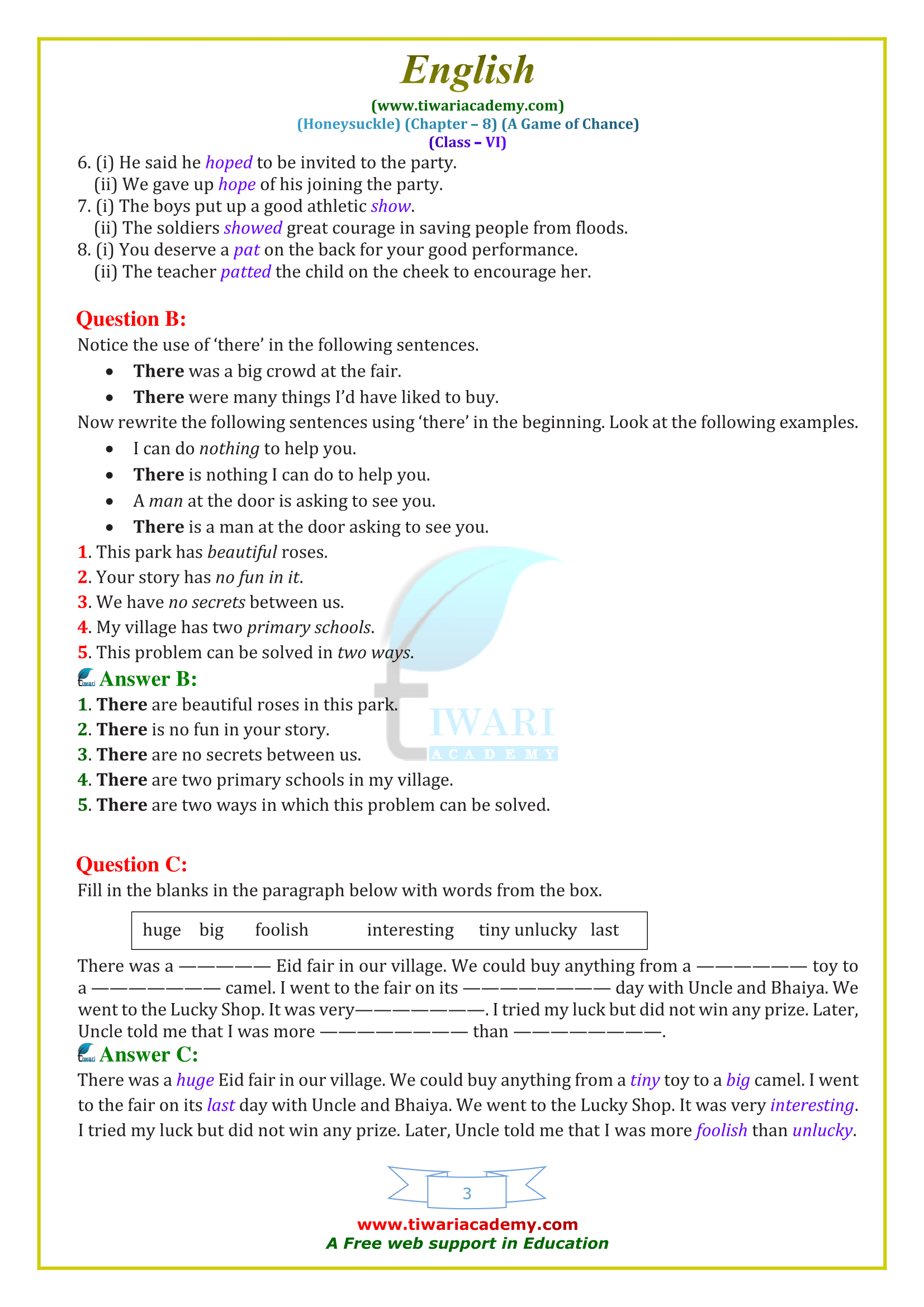 NCERT Solutions for Class 6 English Honeysuckle Chapter 8 updated for 2019-20