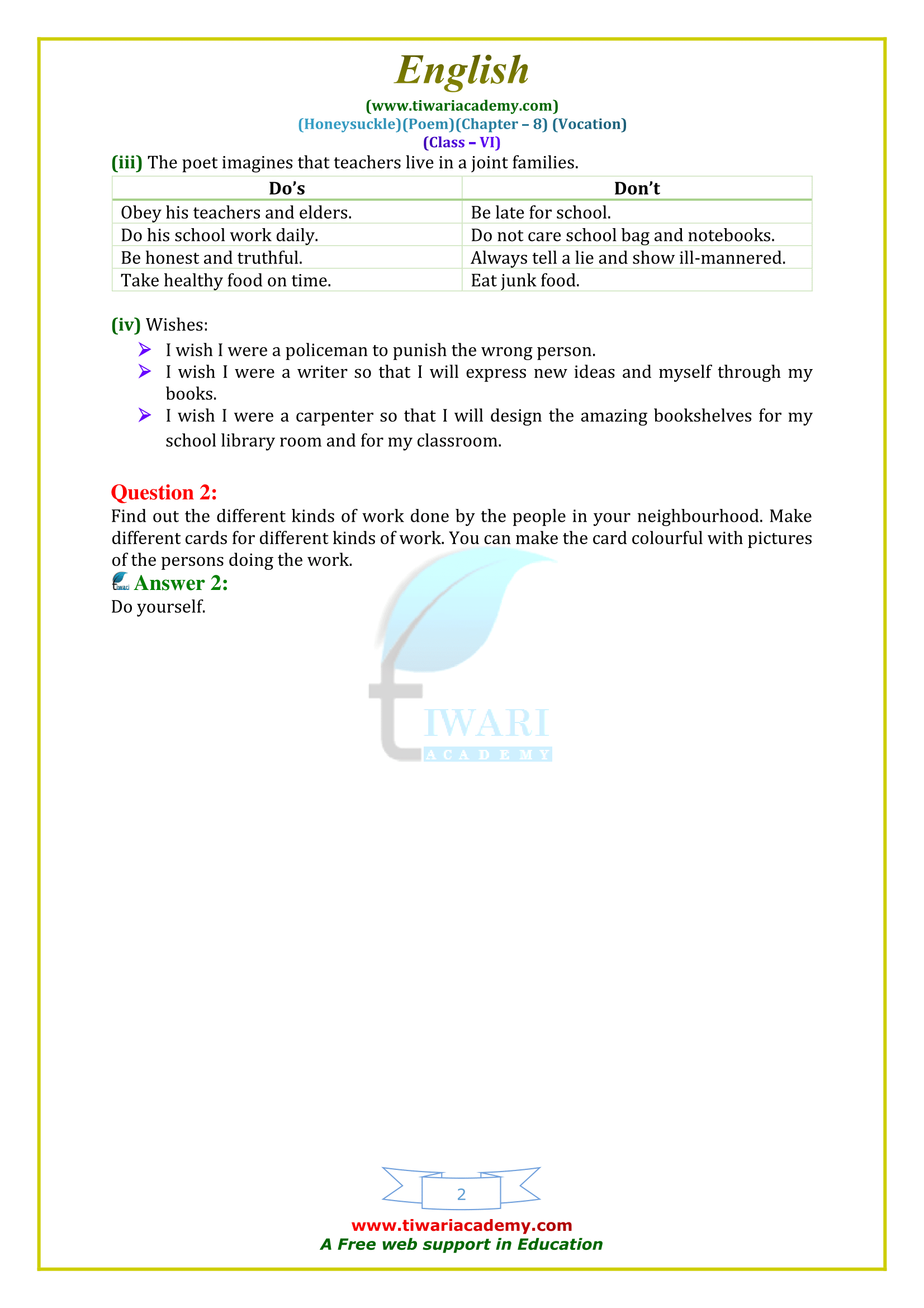 NCERT Solutions for Class 6 English Honeysuckle Poem 8 Vocation