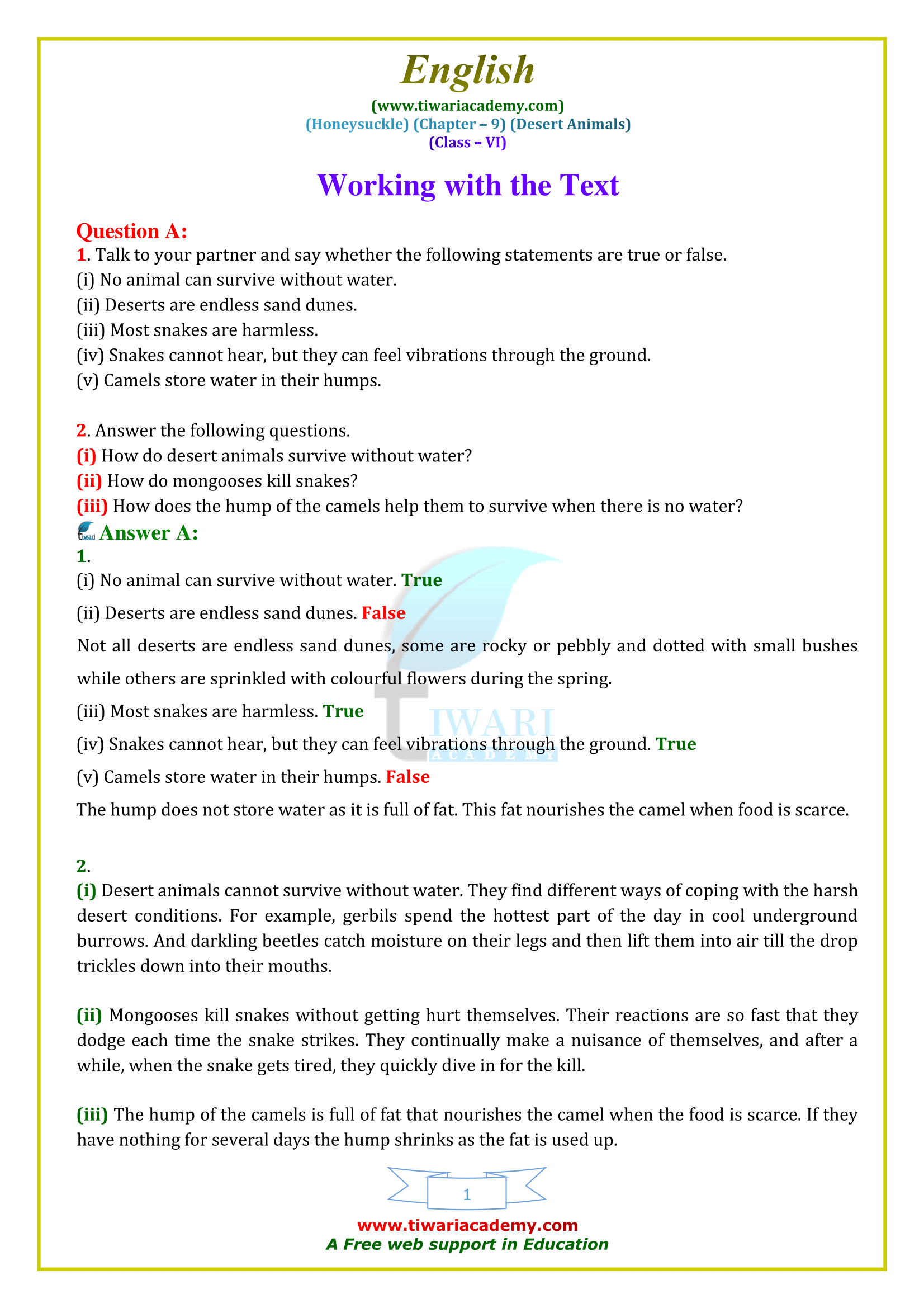 NCERT Solutions for Class 6 English Honeysuckle Chapter 9 Desert Animals