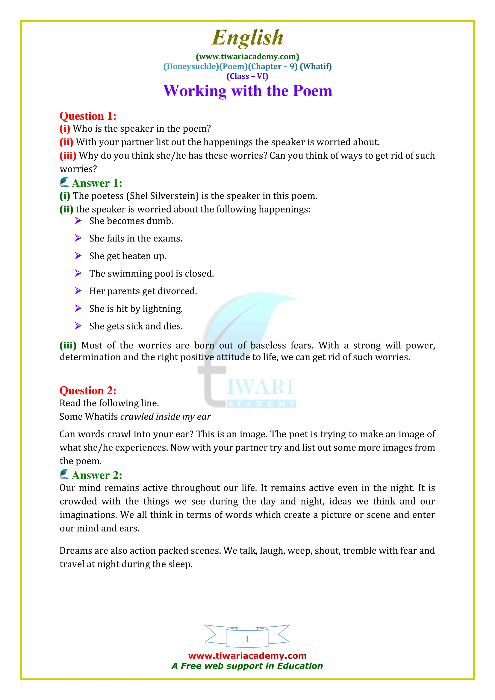 NCERT Solutions for Class 6 English Honeysuckle Poem 9 Whatif