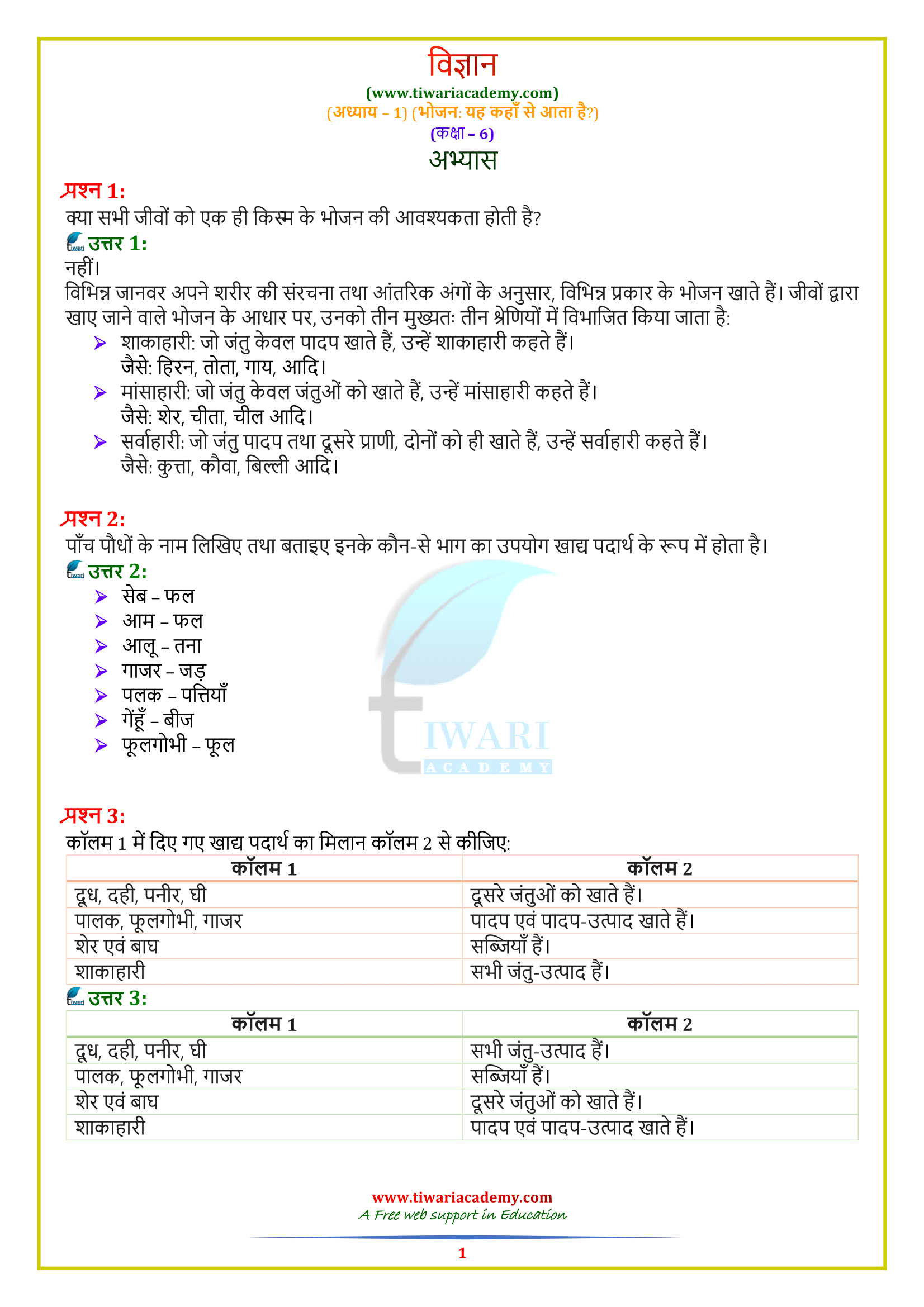 NCERT Solutions for Class 6 Science Chapter 1 in Hindi Medium