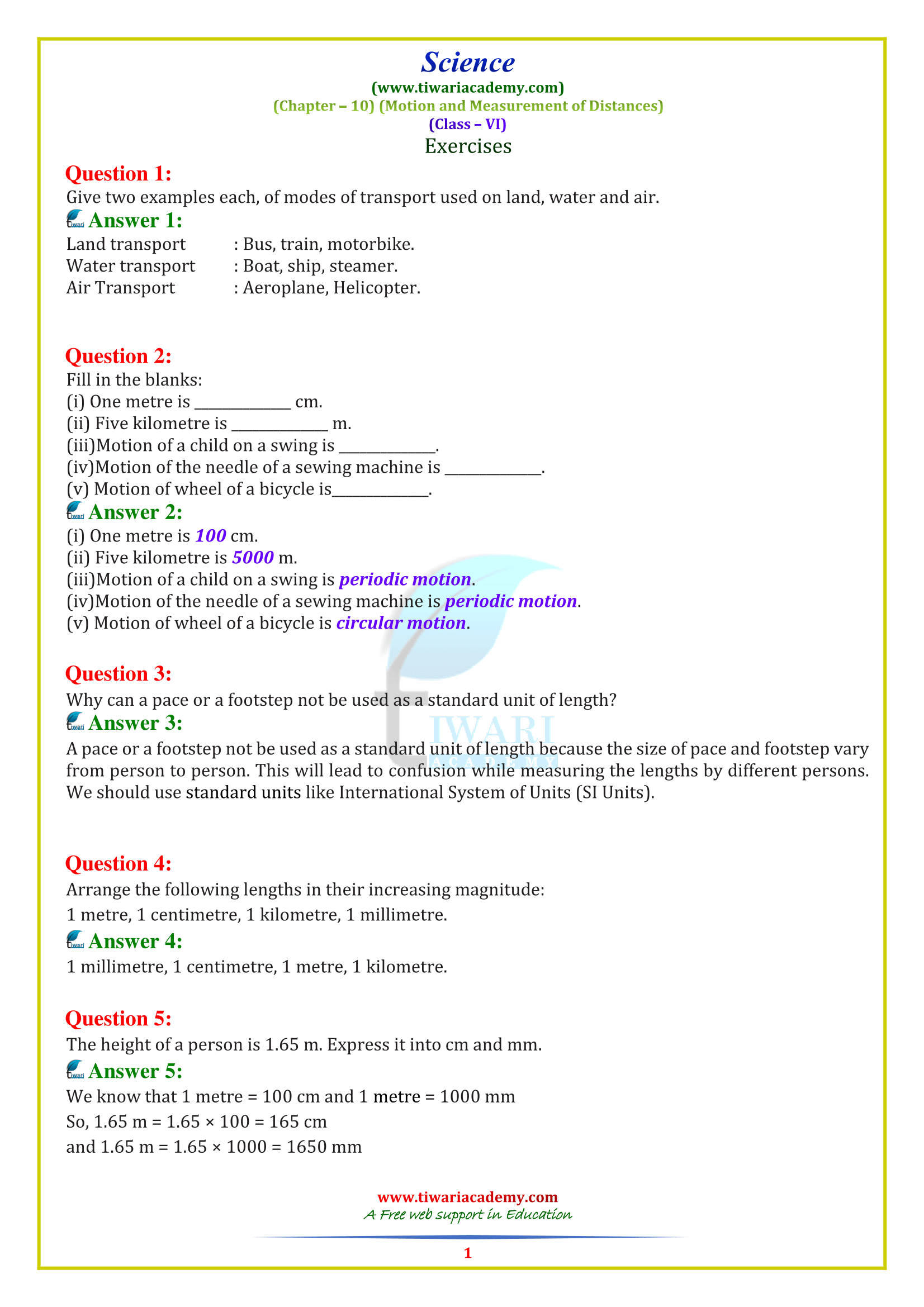 NCERT Solutions for Class 6 Science Chapter 10 Motion and Measurement of Distances in English Medium