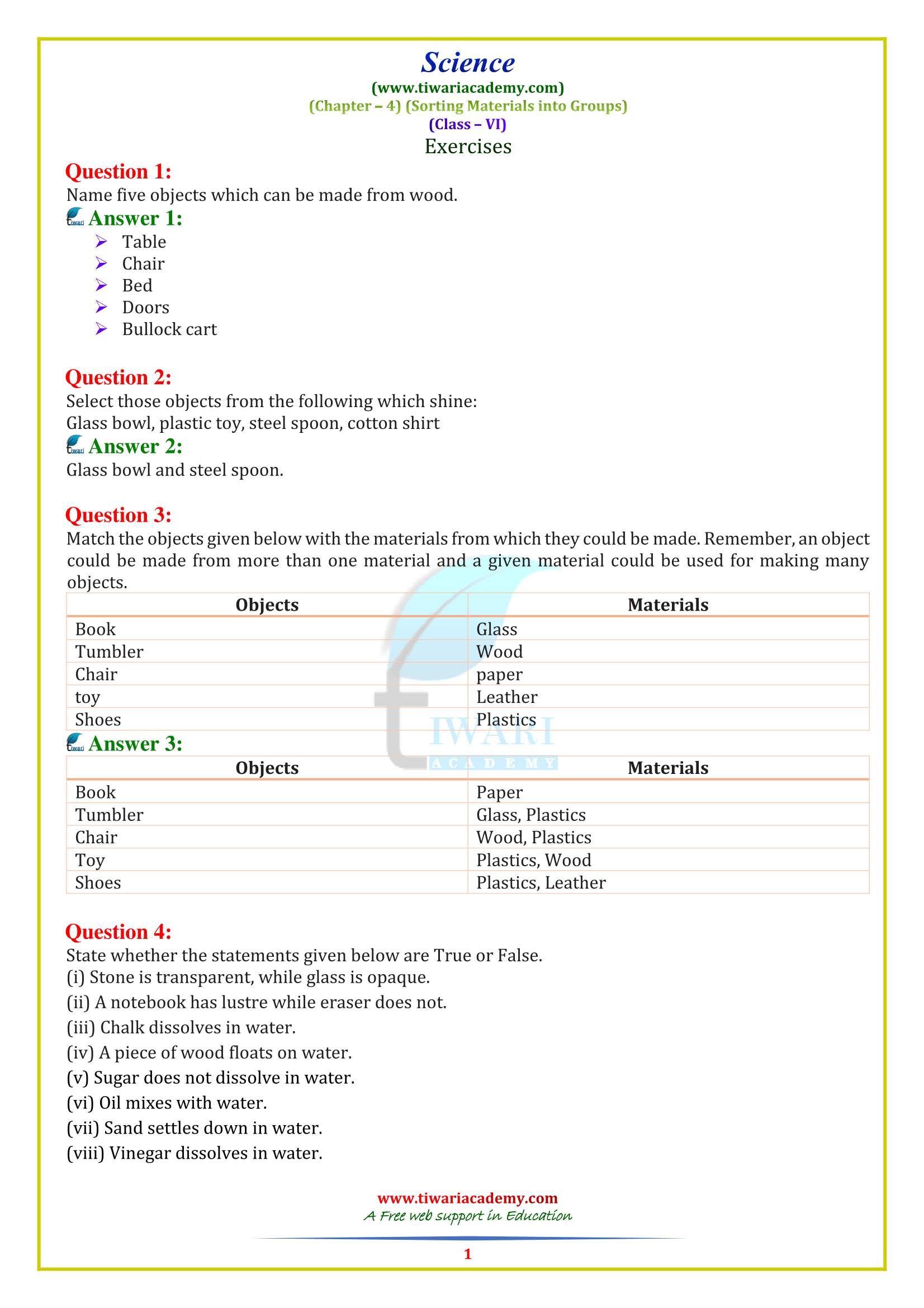 assignment for class 6 science