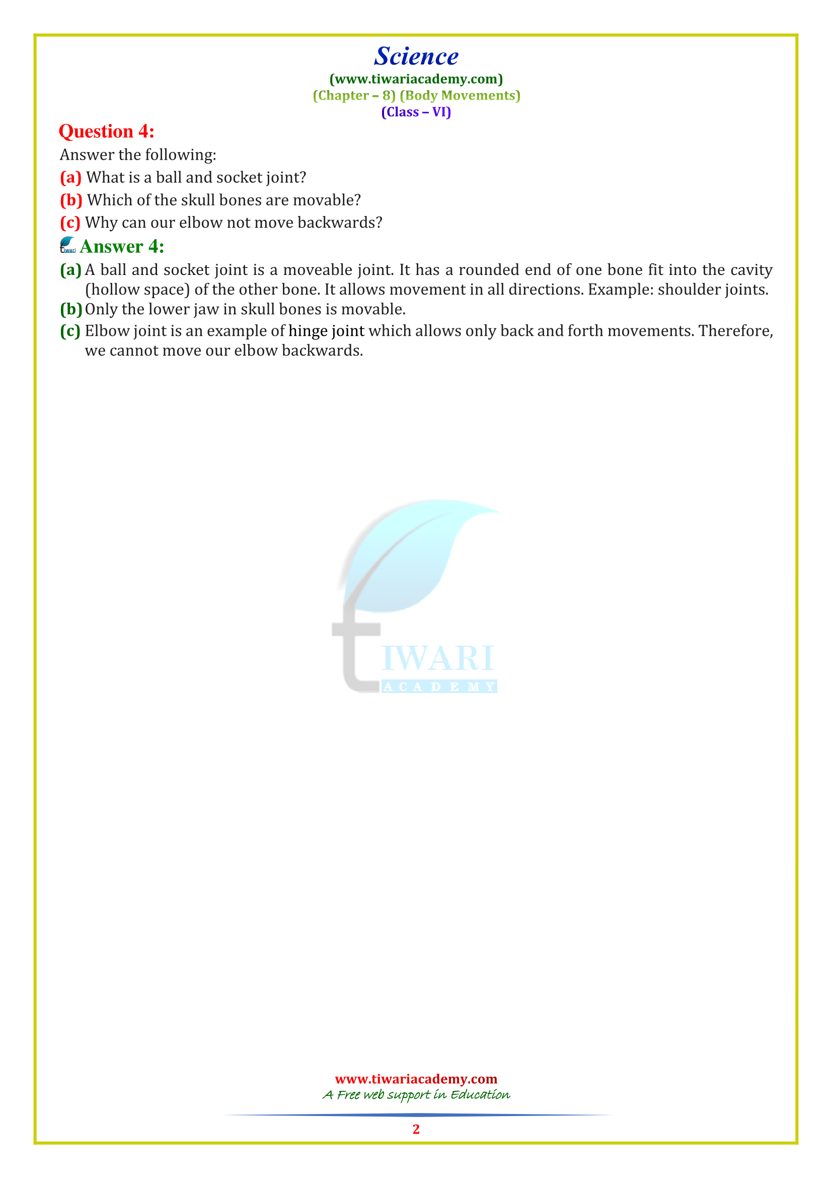 NCERT Solutions for Class 6 Science Chapter 8 Body Movement in PDF
