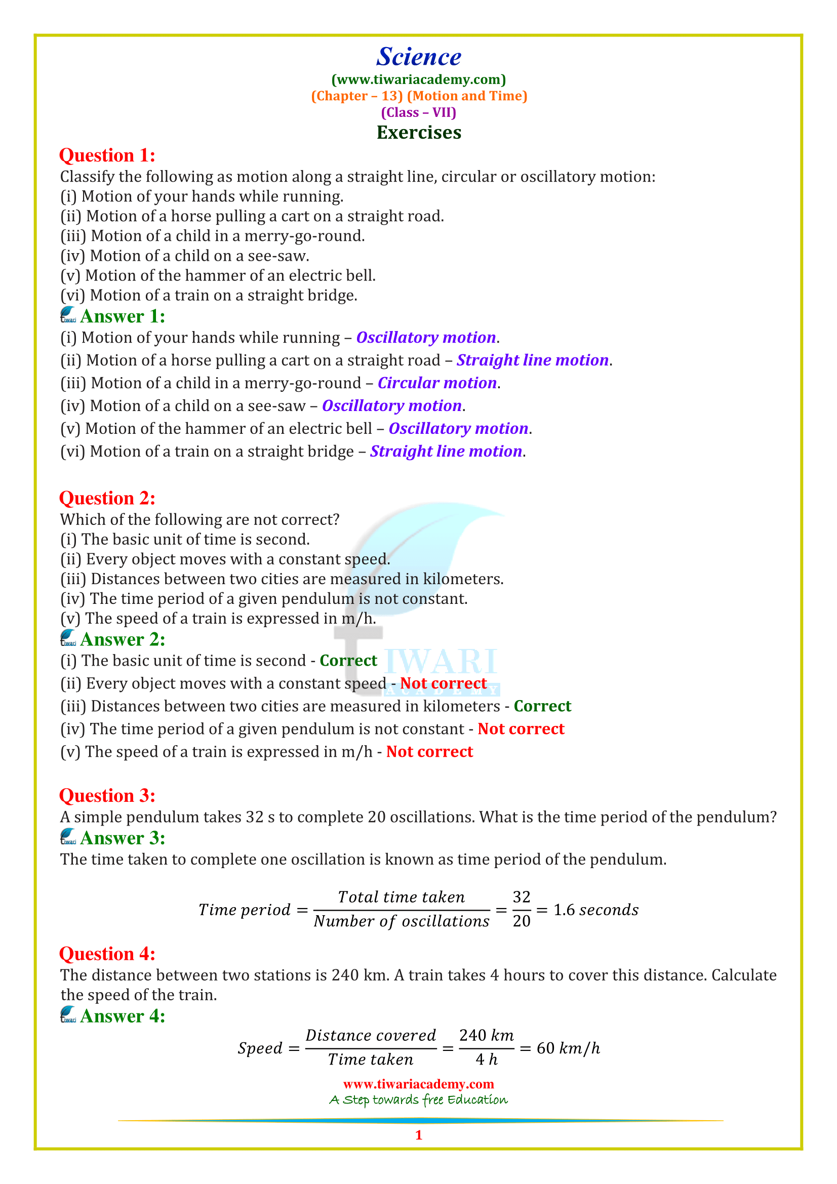 CBSE NCERT Solutions for Class 7 Science Chapter 13 Motion and Time