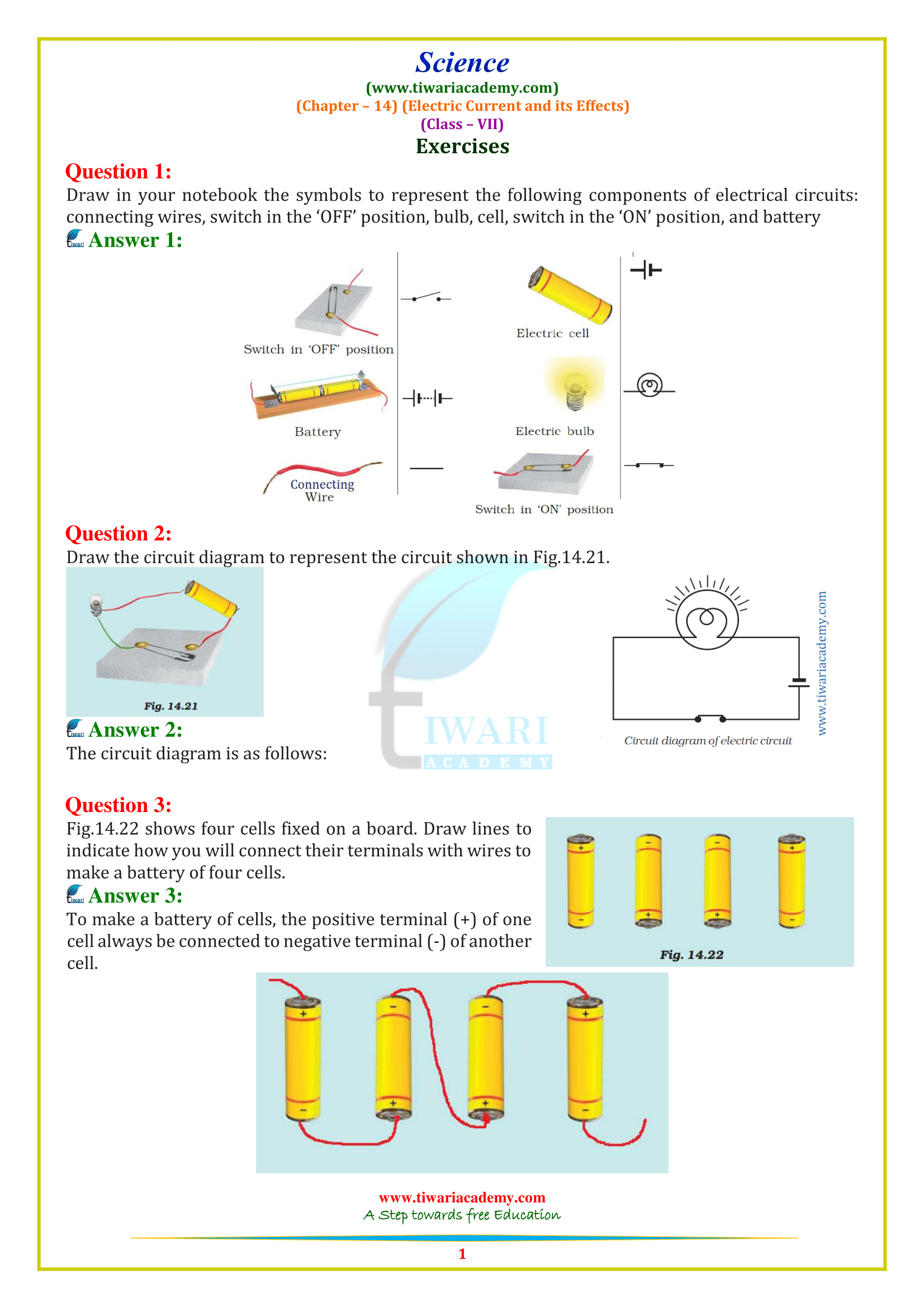CBSE NCERT Solutions for Class 7 Science Chapter 14 Electric Current and its Effects