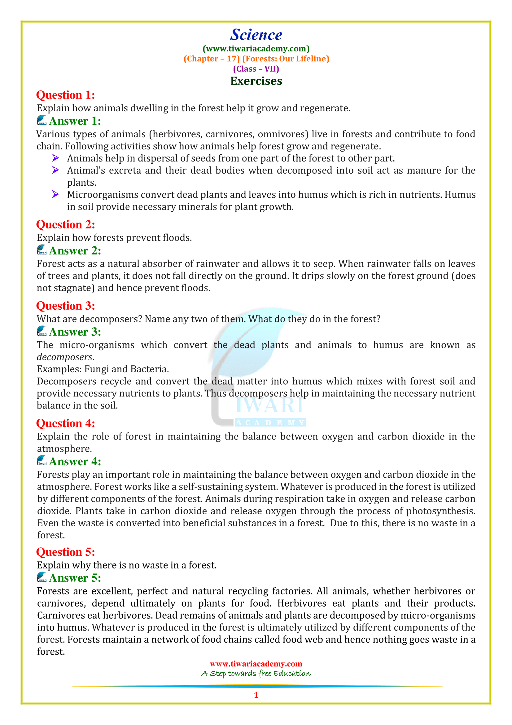 CBSE NCERT Solutions for Class 7 Science Chapter 17 Forests: Our Lifeline