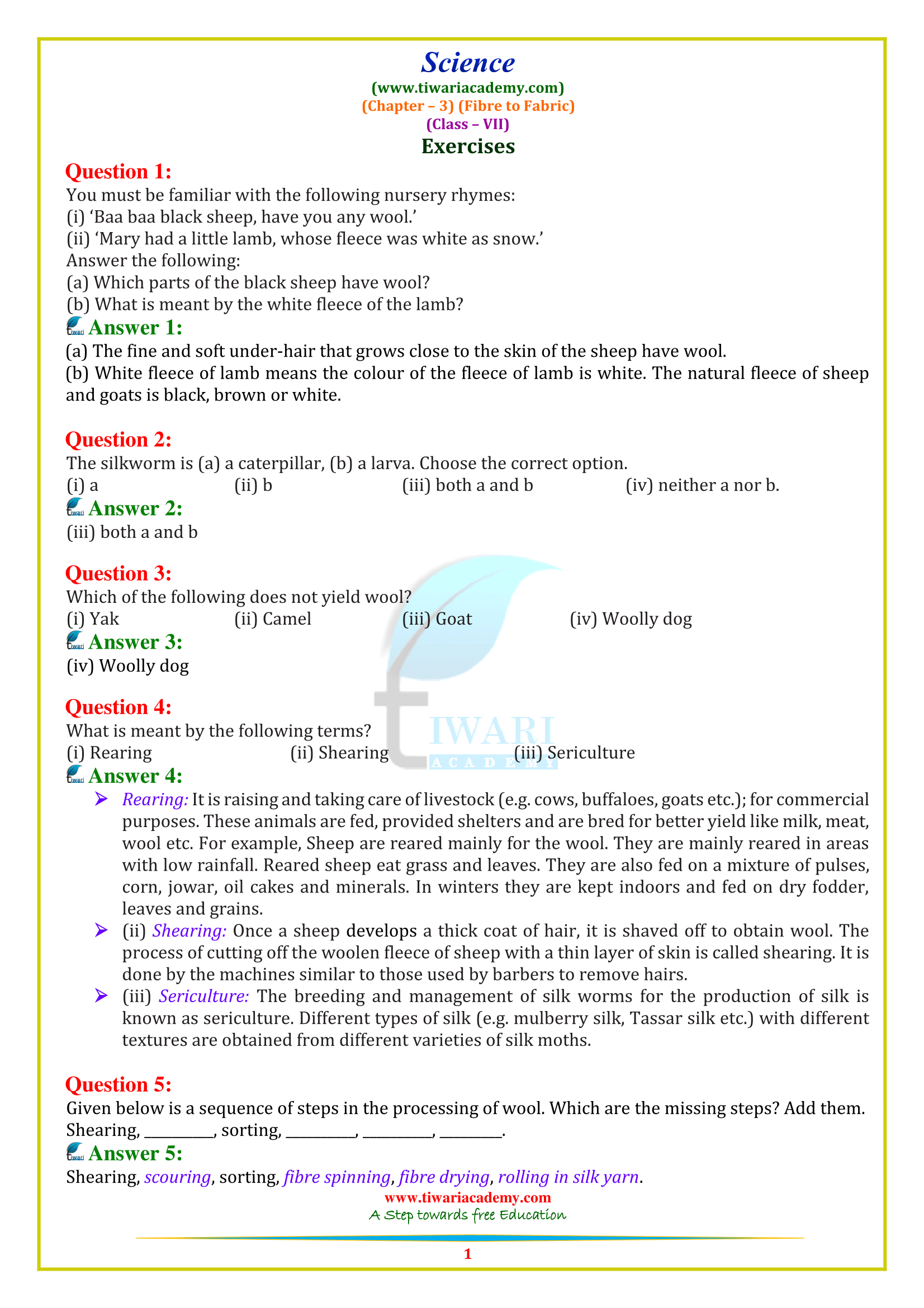CBSE NCERT Solutions for Class 7 Science Chapter 3: Fibre to Fabric
