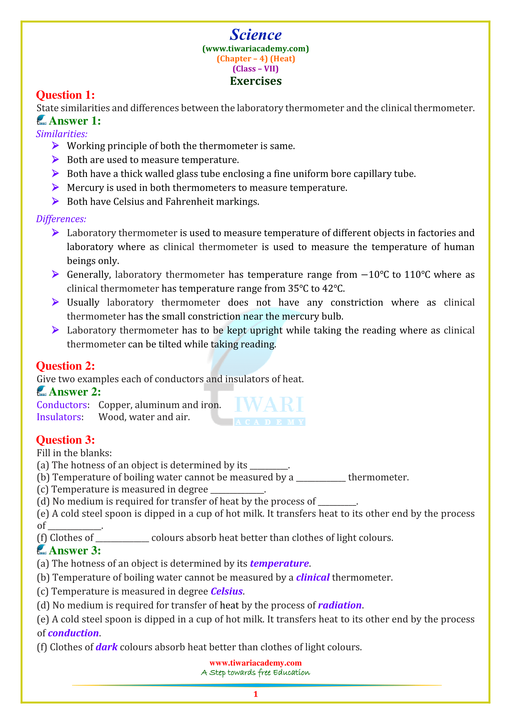 CBSE NCERT Solutions for Class 7 Science Chapter 4 Heat