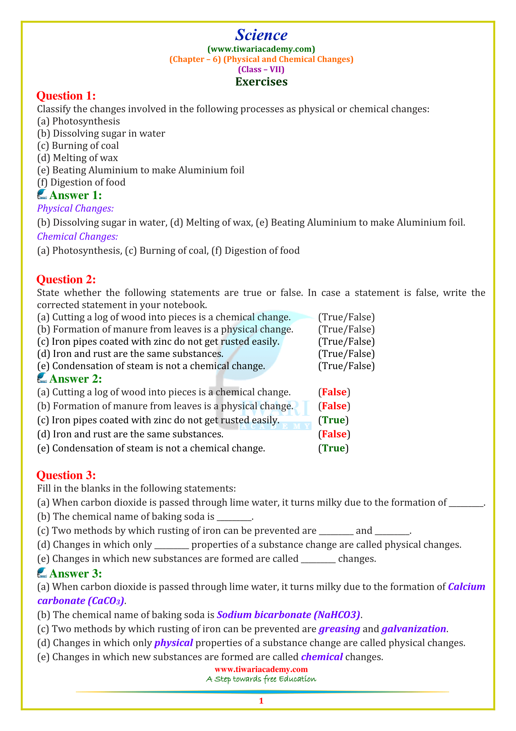CBSE NCERT Solutions for Class 7 Science Chapter 6 Physical and Chemical Changes