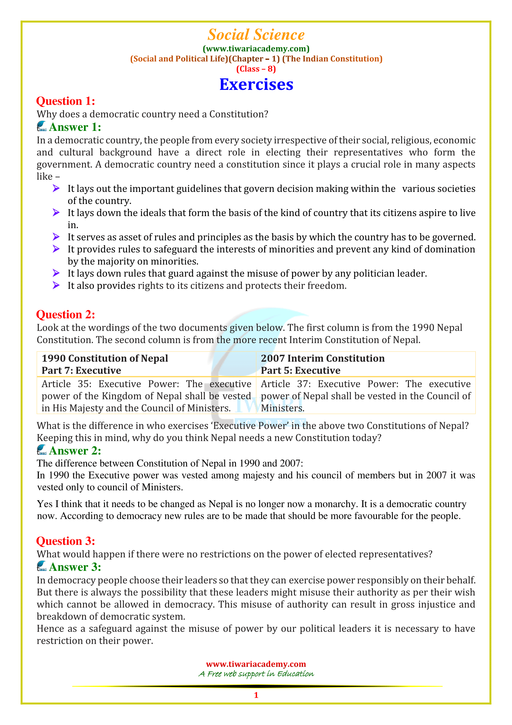 NCERT Solutions for Class 8 Social Science Civics Chapter 1 The Indian Constitution