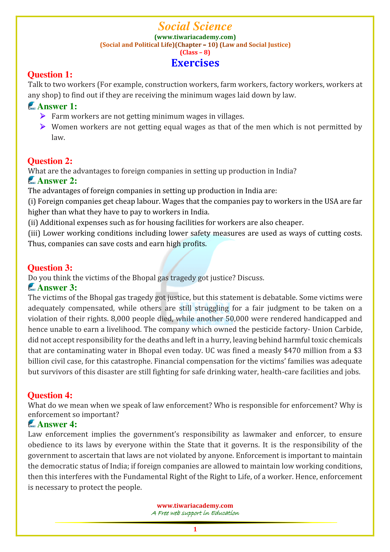 NCERT Solutions for Class 8 Social Science Civics Chapter 10 Law and Social Justice