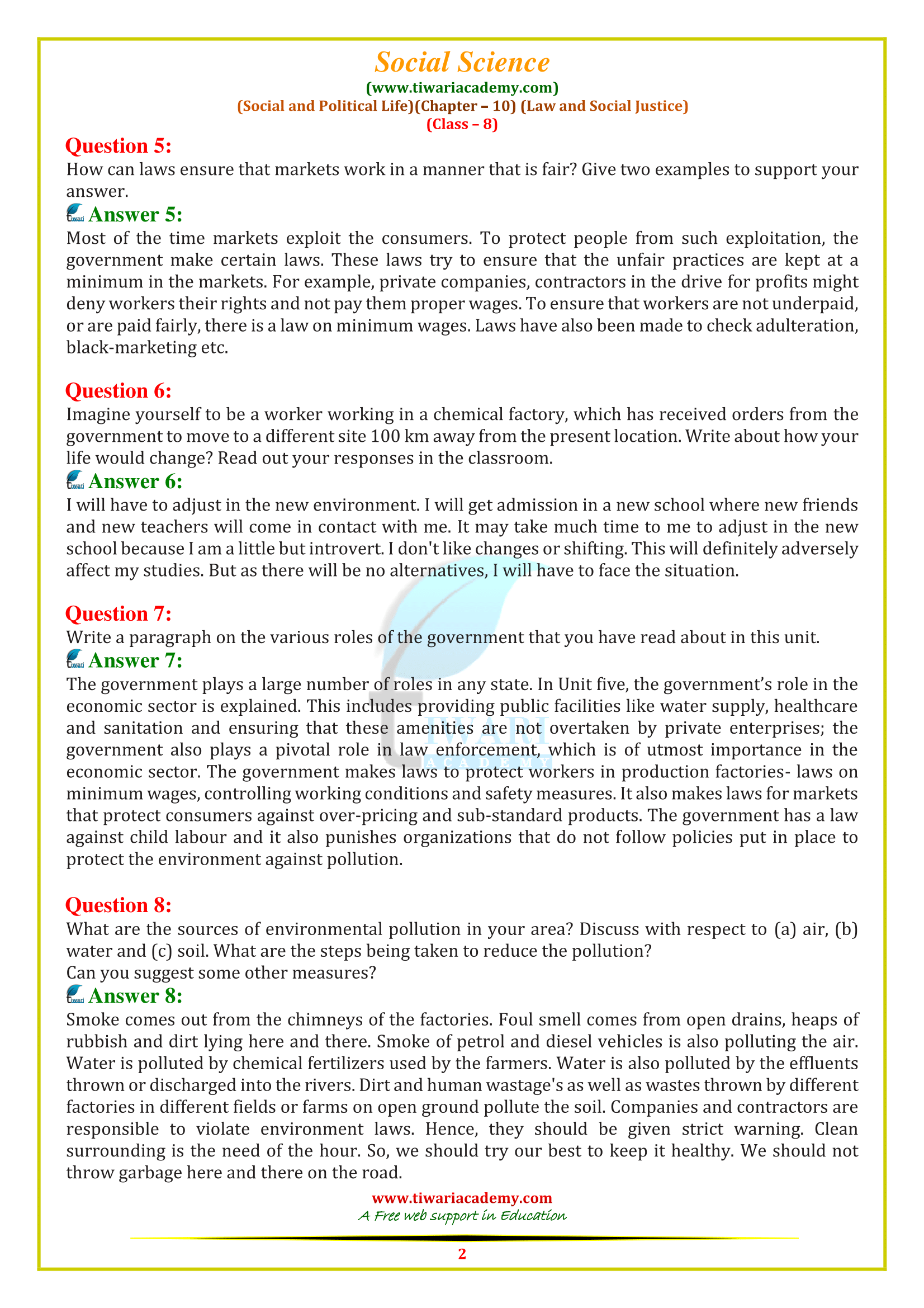 NCERT Solutions for Class 8 Social Science Civics Chapter 10 in English medium