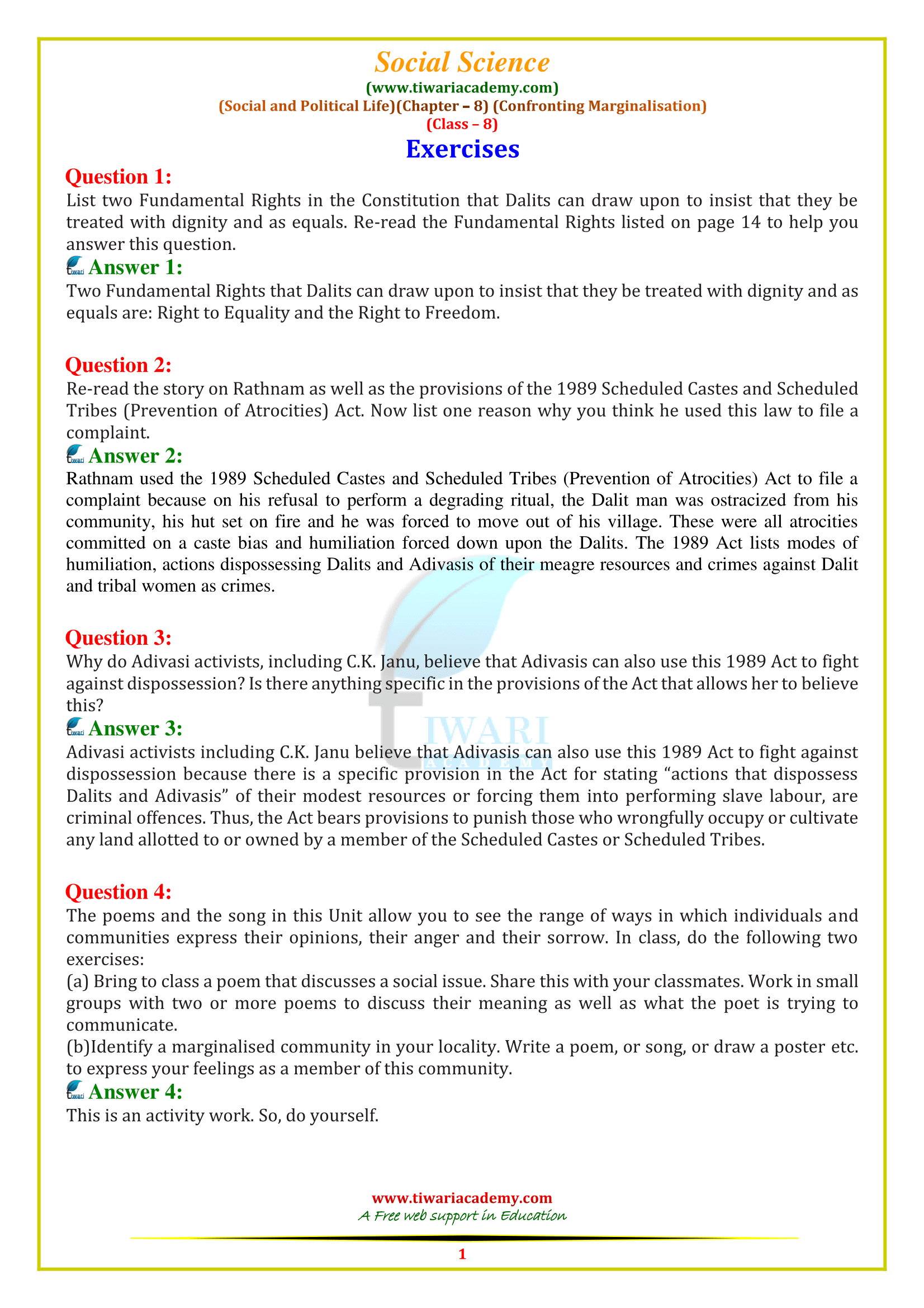 NCERT Solutions for Class 8 Social Science Civics Chapter 8 Confronting Marginalisation