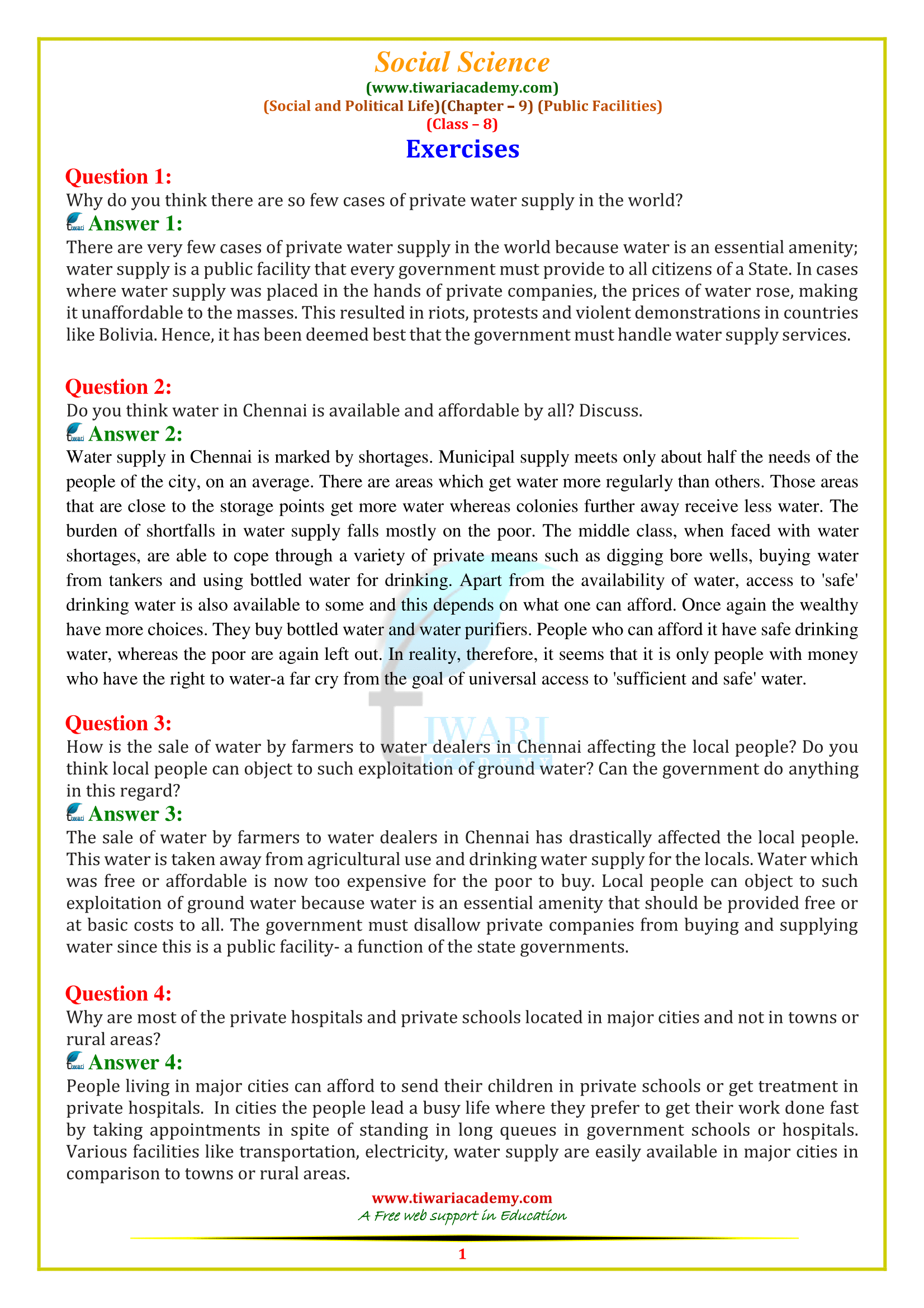 NCERT Solutions for Class 8 Social Science Civics Chapter 9 Public Facilities
