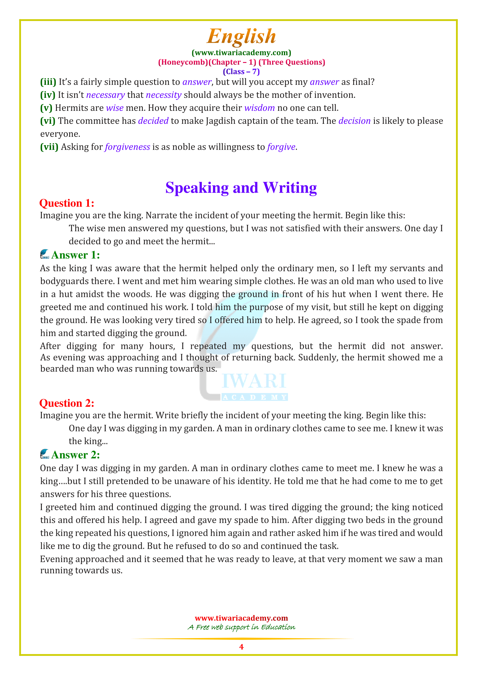 7 Eng ch. 1 three questions answers