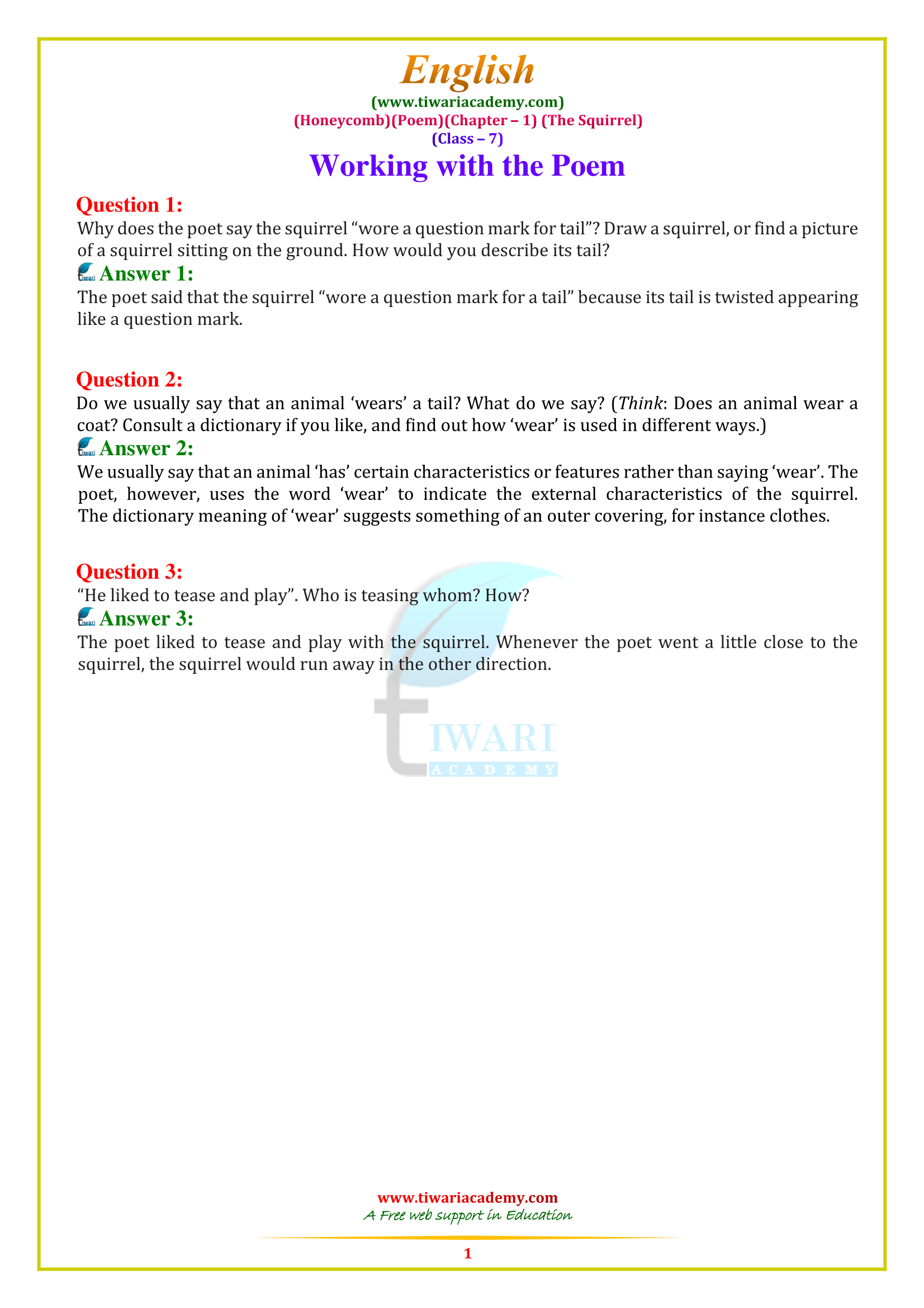 NCERT Solutions for Class 7 English Honeycomb poem 1 The Squirrel