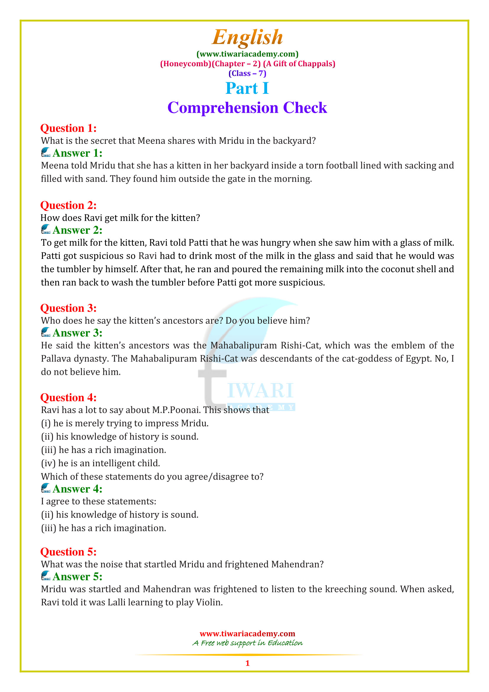 NCERT Solutions for Class 7 English Honeycomb Chapter 2 A Gift of Chappals