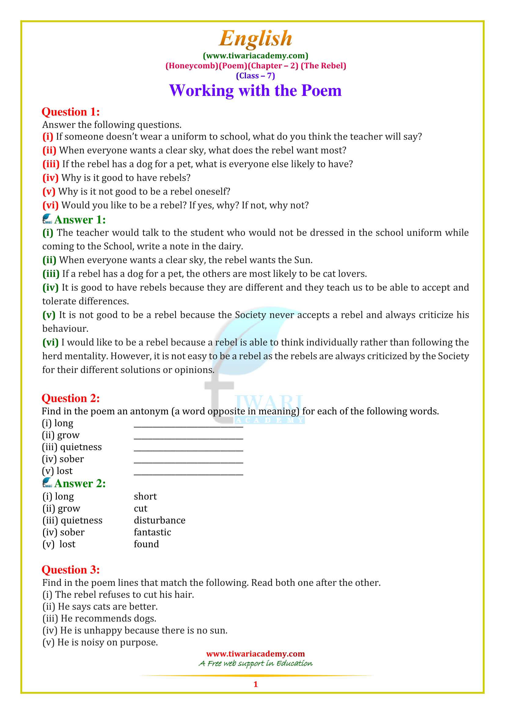 NCERT Solutions for Class 7 English Honeycomb Poem 2 The Rebel