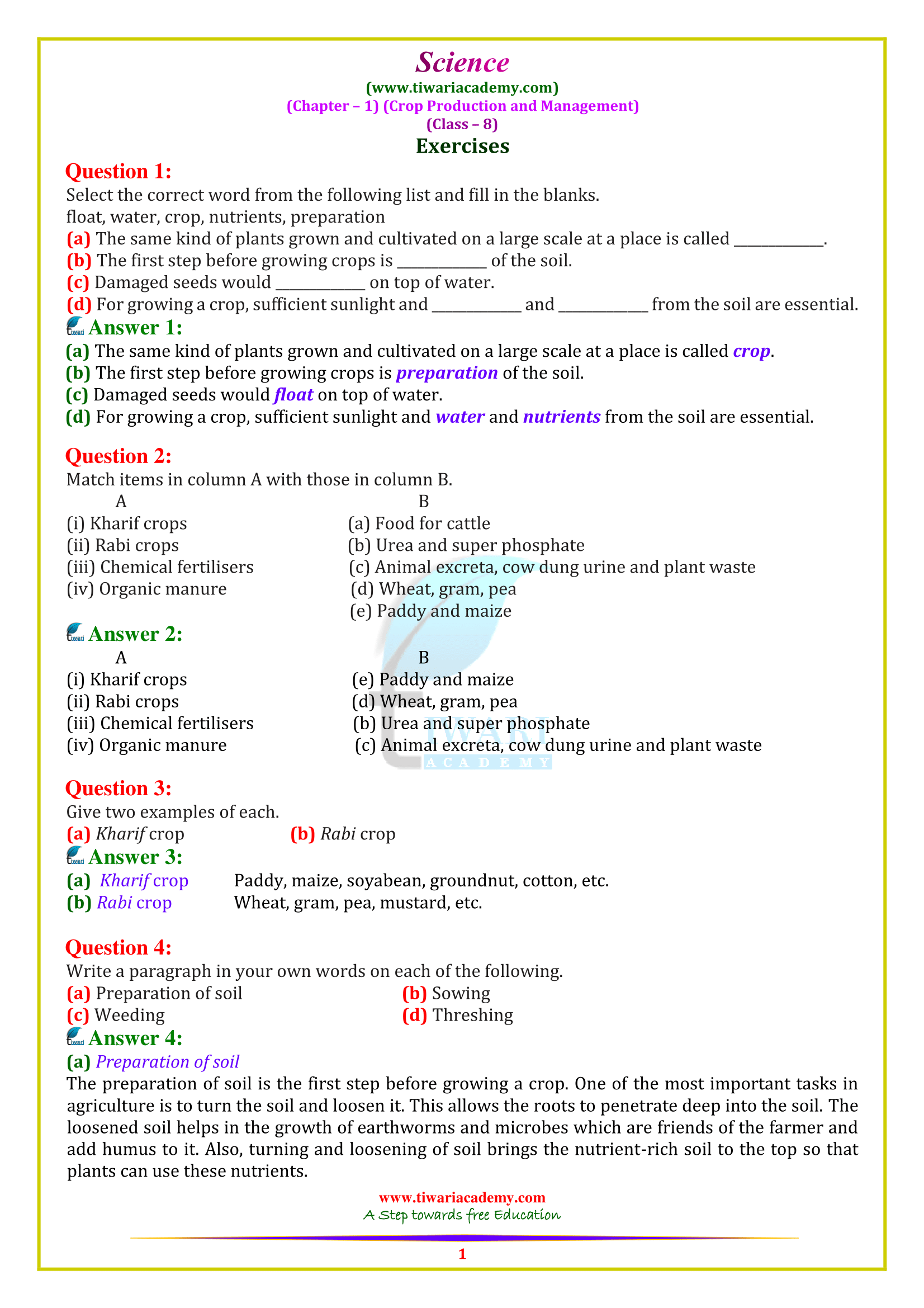 science assignment topics for class 8