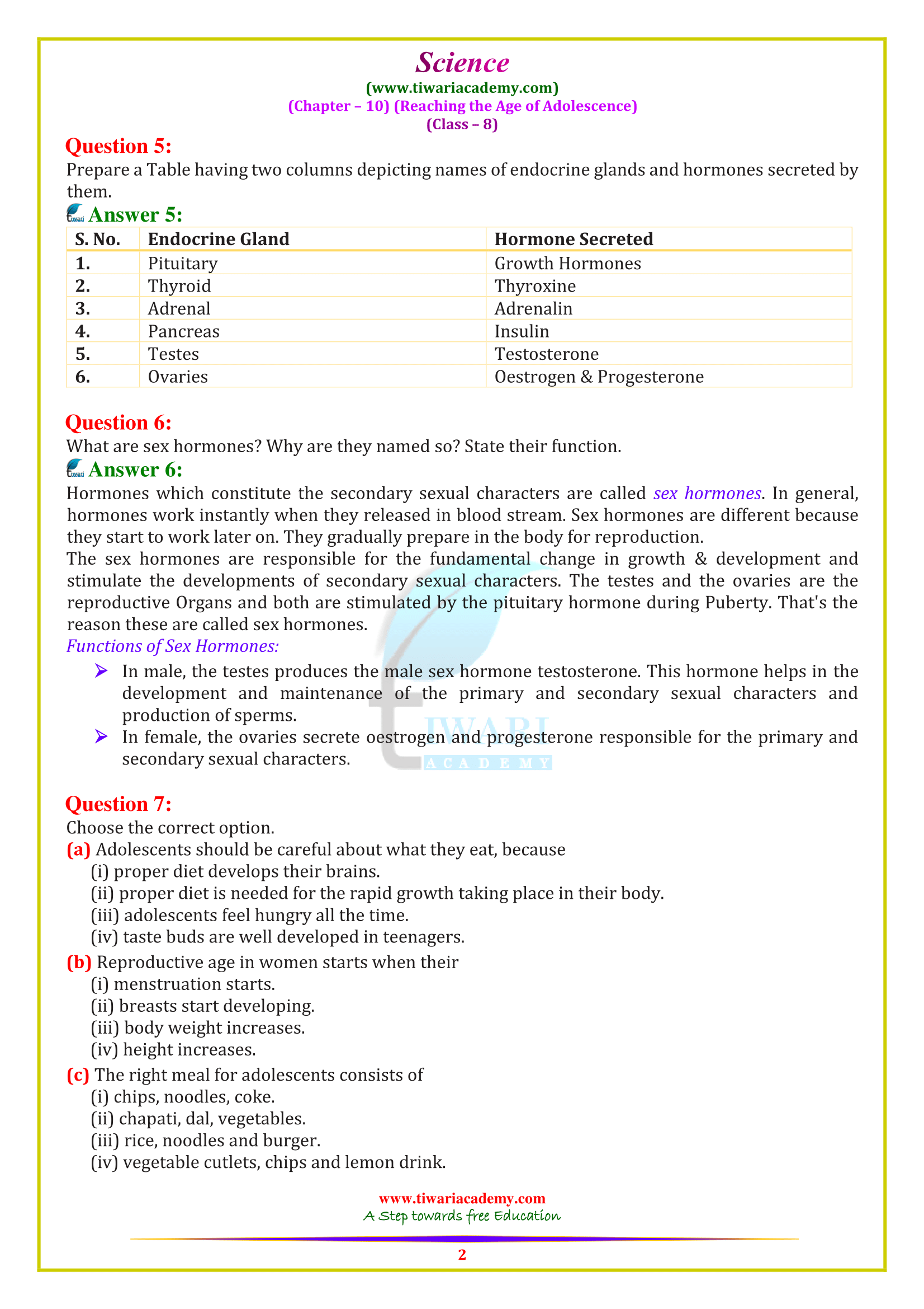 NCERT Solutions for Class 8 Science Chapter 10 Reaching to age of Adolecence