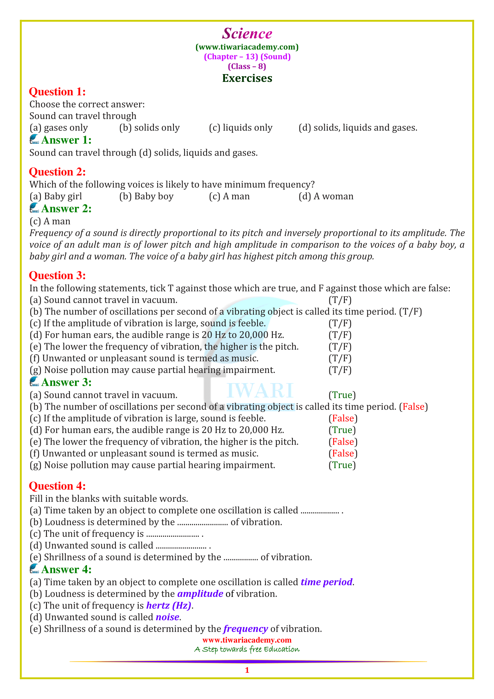 NCERT Solutions for Class 8 Science Chapter 13 Sound