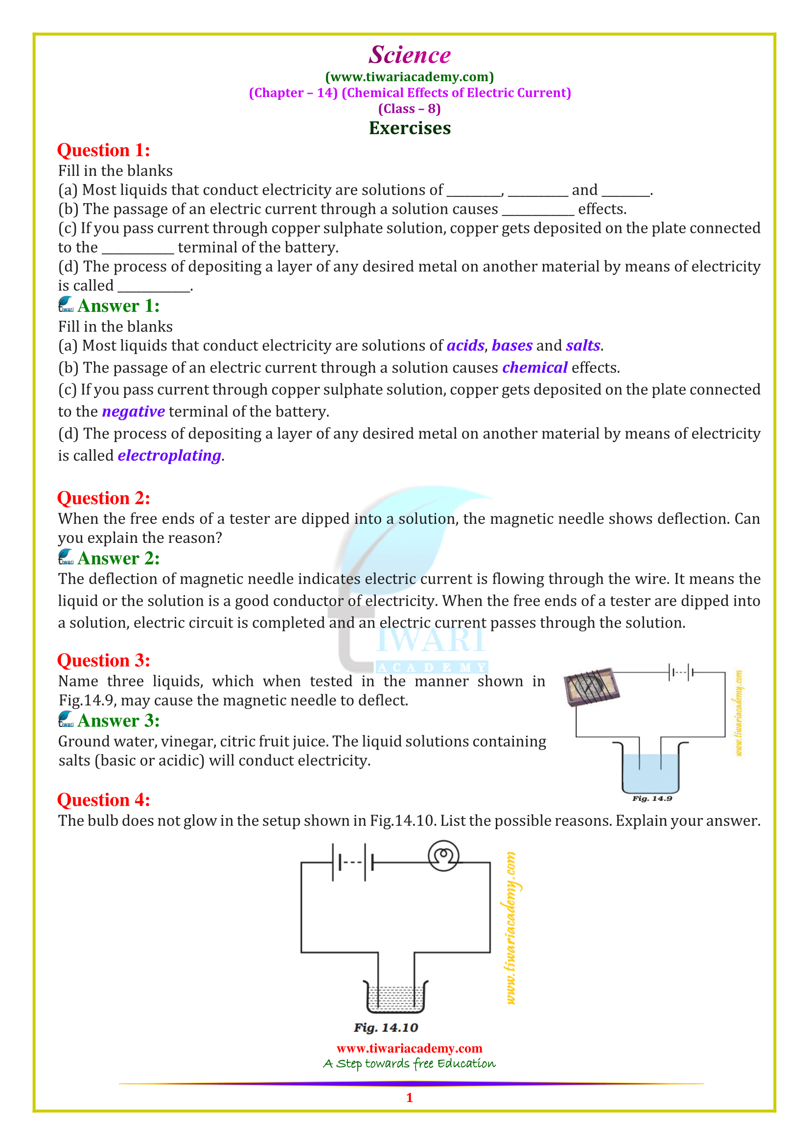 NCERT Solutions for Class 8 Science Chapter 14 Electric current