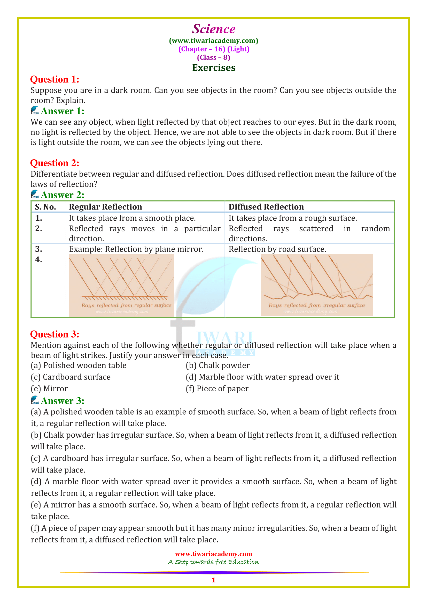 light class 8 assignment pdf