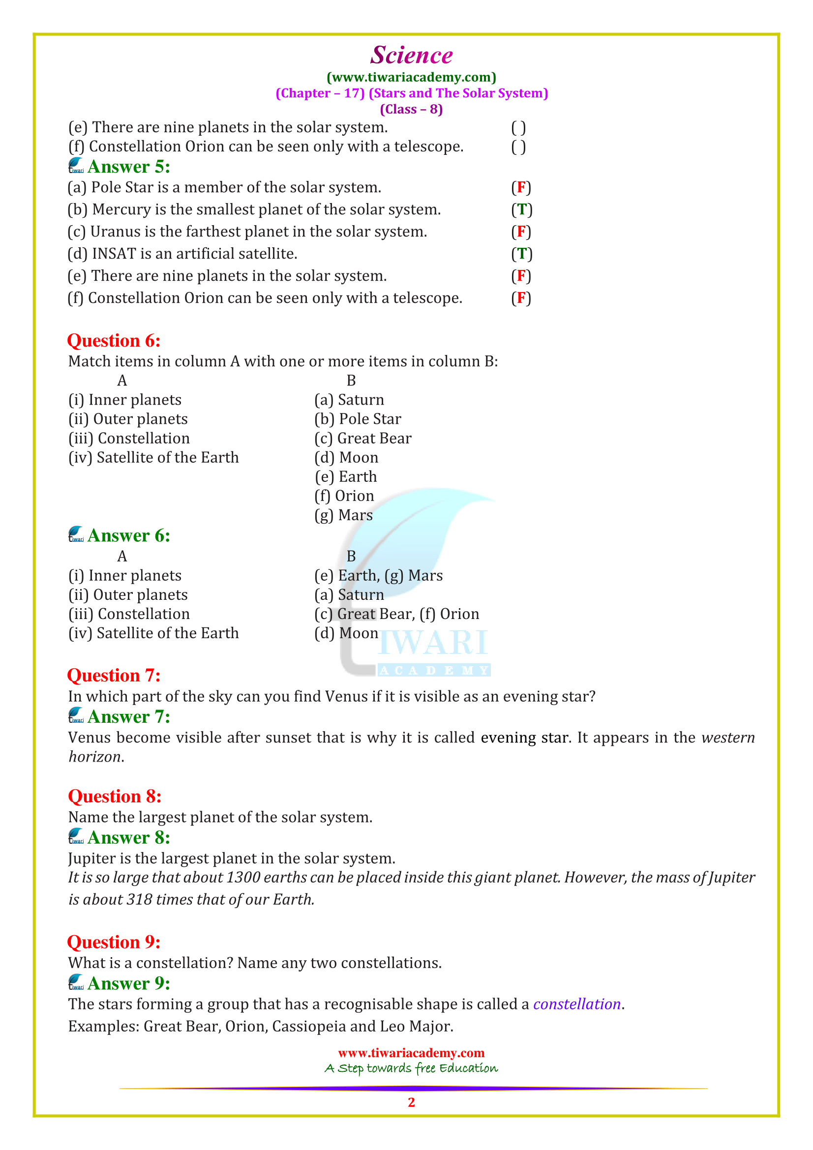 NCERT Solutions for Class 8 Science Chapter 17 in English medium
