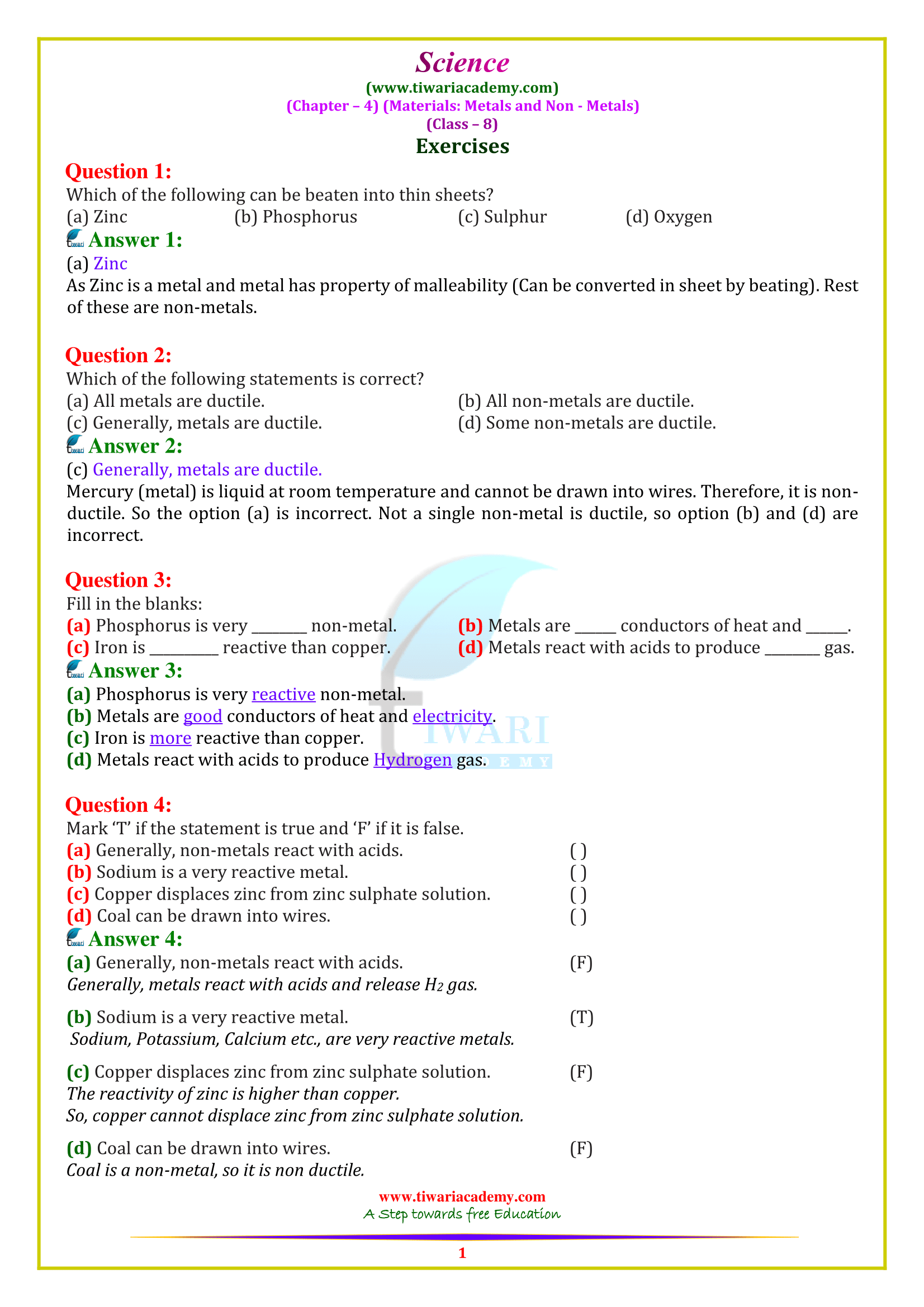 NCERT Solutions for Class 8 Science Chapter 4 Metals and non-metals