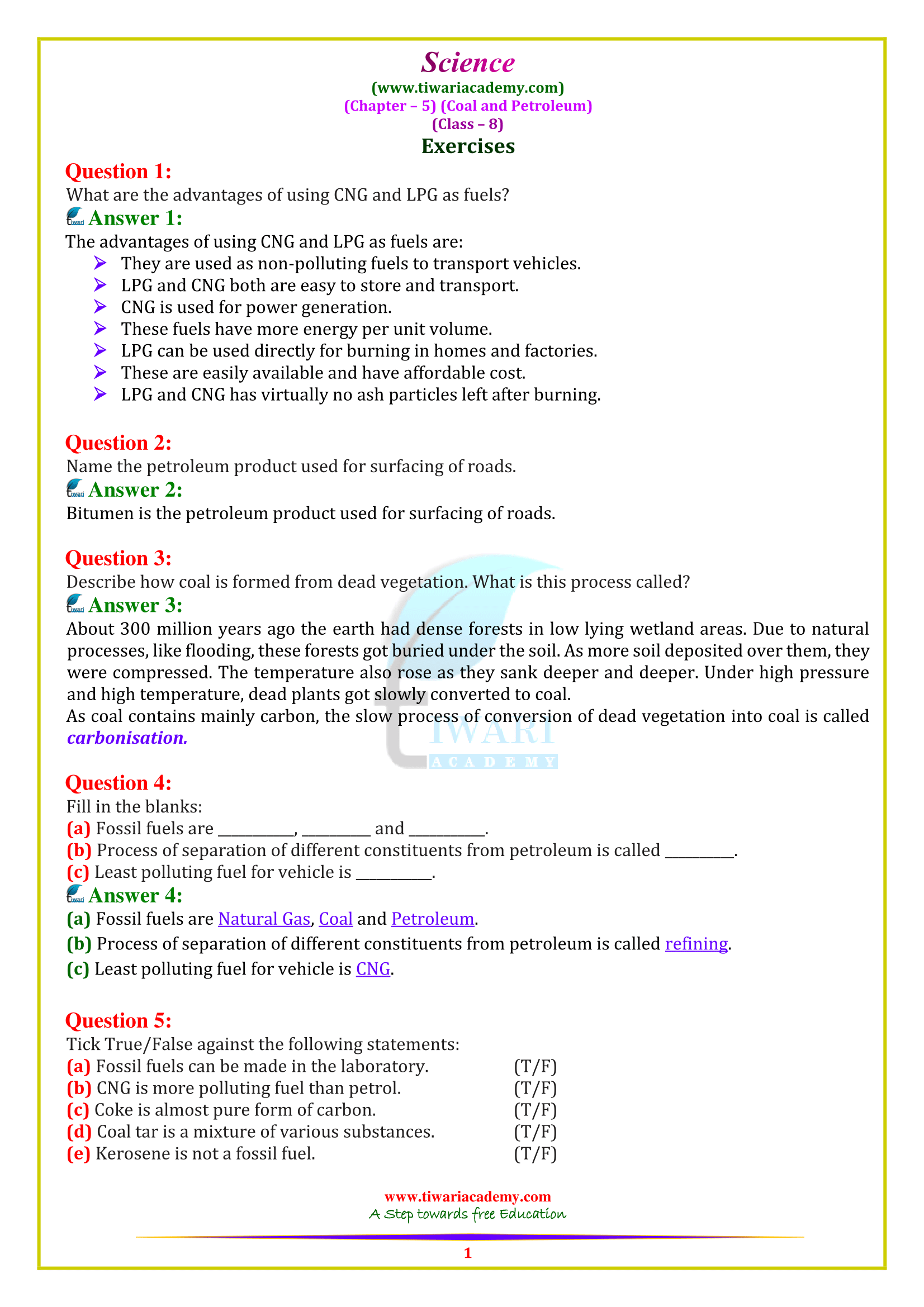 NCERT Solutions for Class 8 Science Chapter 5 coal and petroleum