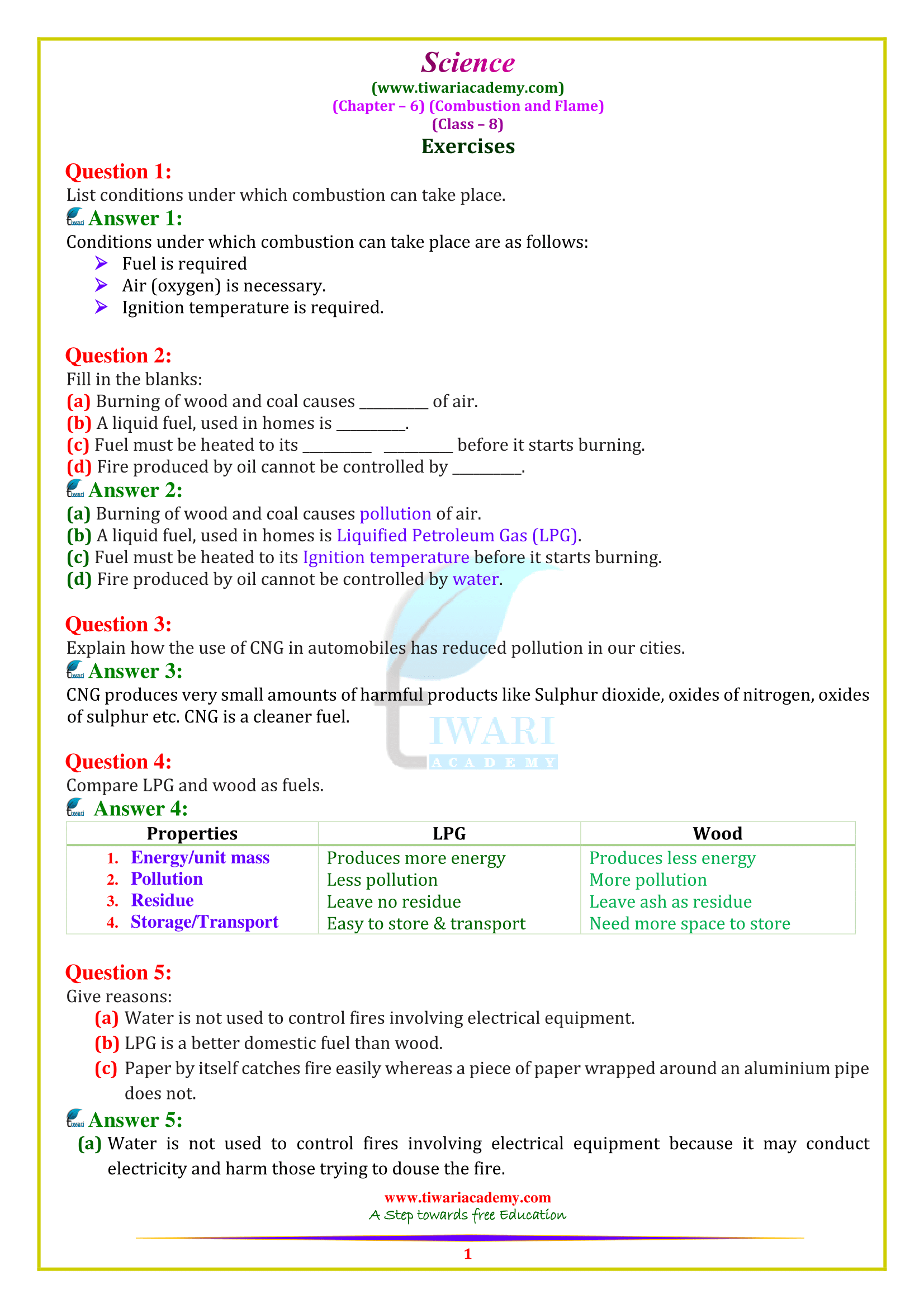 NCERT Solutions for Class 8 Science Chapter 6 Combustion and Flame