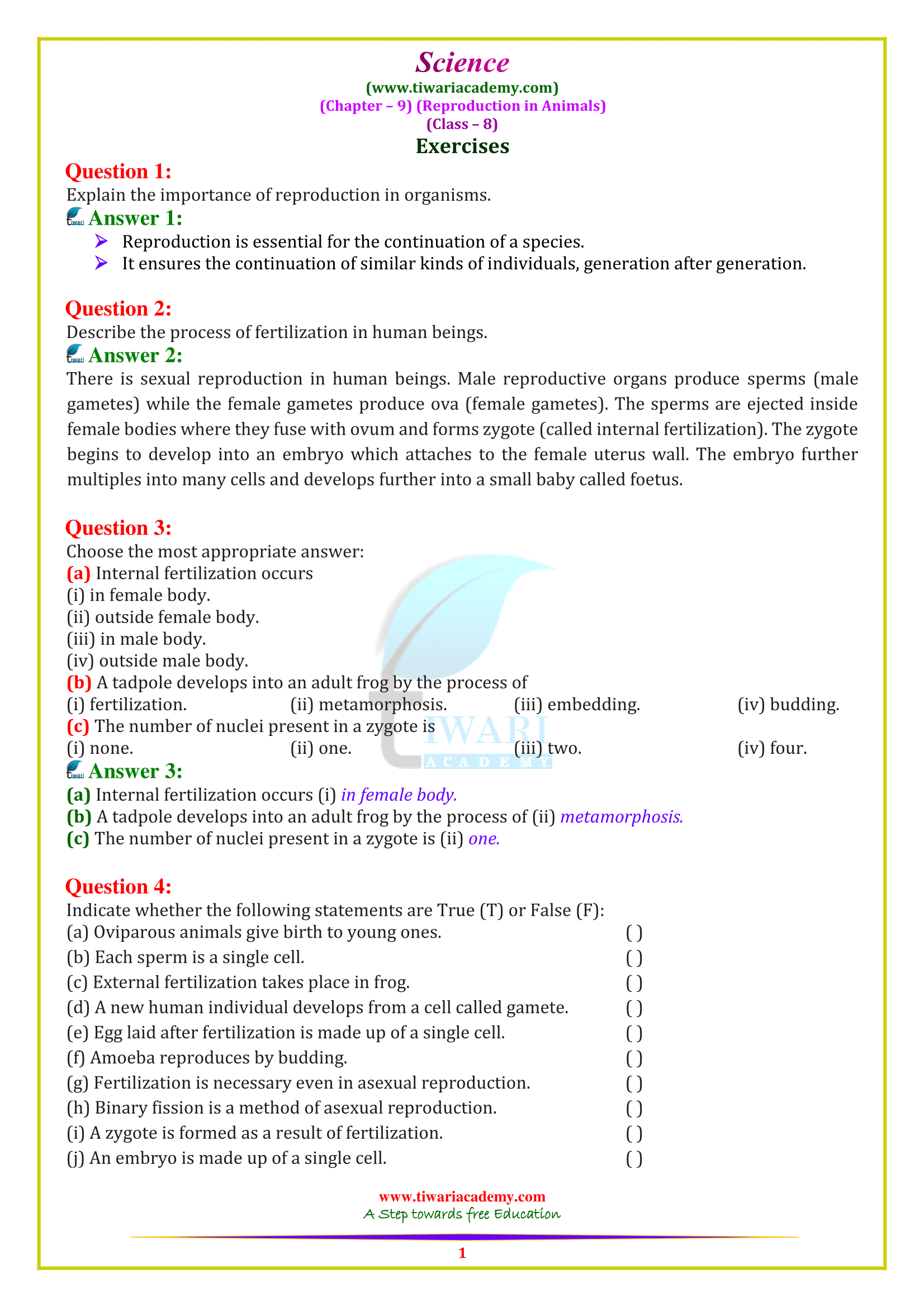 NCERT Solutions for Class 8 Science Chapter 9 Reproduction in Animals NCERT Solutions for Class 8 Science Chapter 9 Reproduction in Animals
