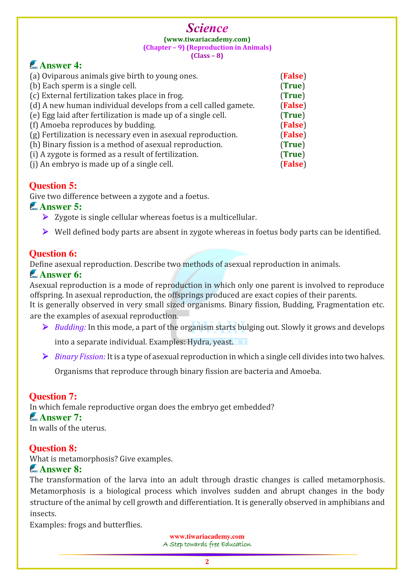 NCERT Solutions for Class 8 Science Chapter 9 Reproduction in Animals NCERT Solutions for Class 8 Science Chapter 9 Reproduction in Animals
