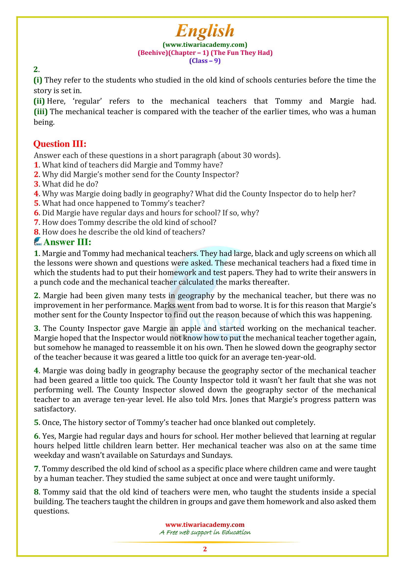 NCERT Solutions for Class 9 English Chapter 1 answers
