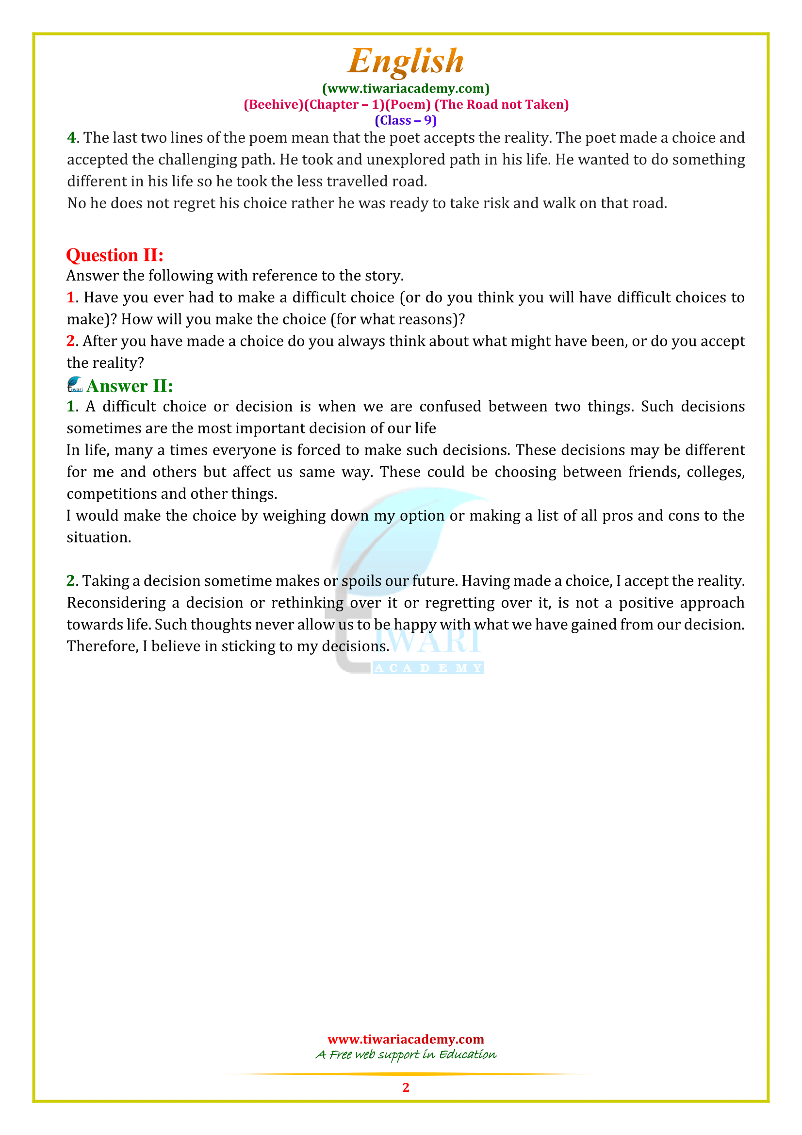 Class 9 English chapter 1 road not taken answers