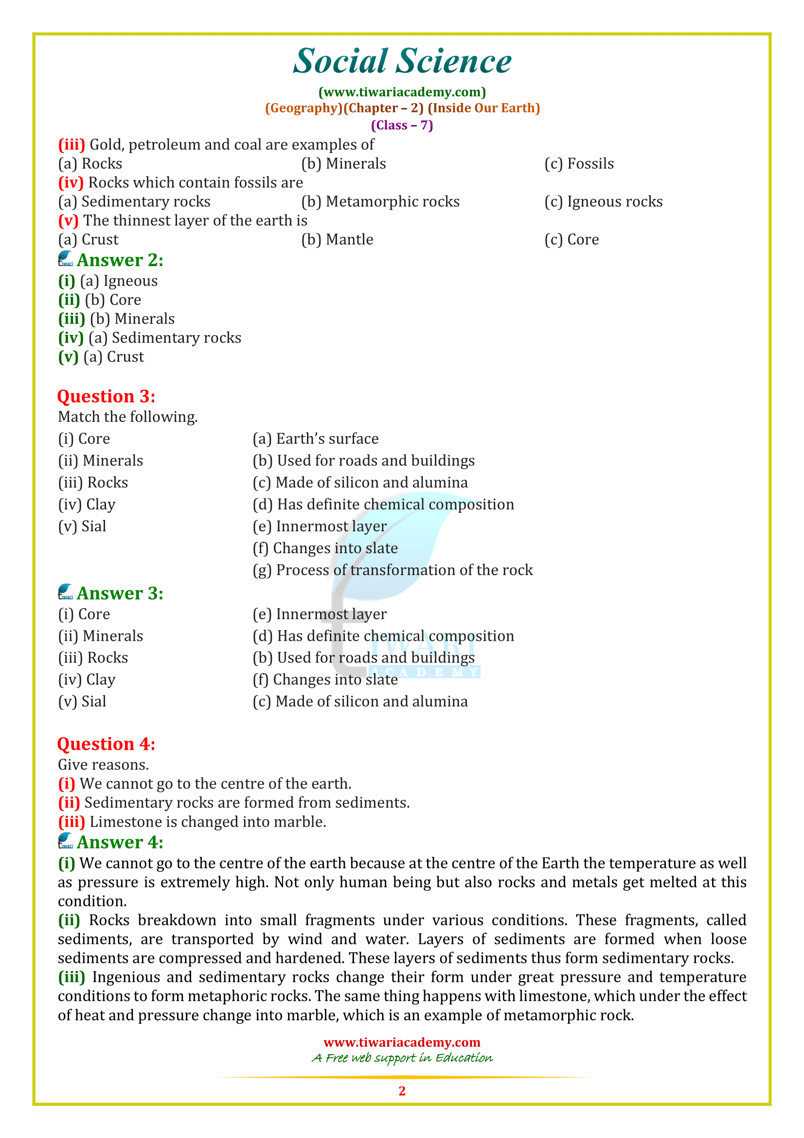 NCERT Solutions for Class 7 Social Science Geography Chapter 2 inside our Earth