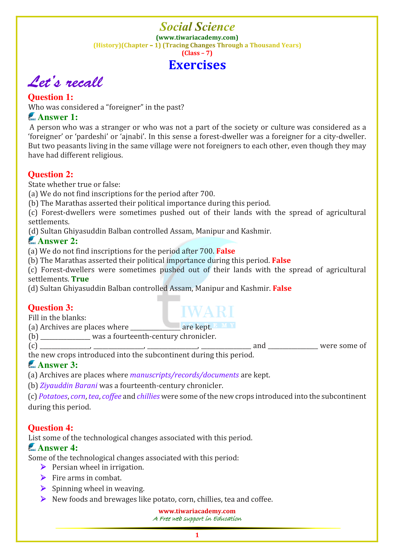 NCERT Solutions for Class 7 Social Science History Chapter 1 Tracing Changes Through a Thousand Years